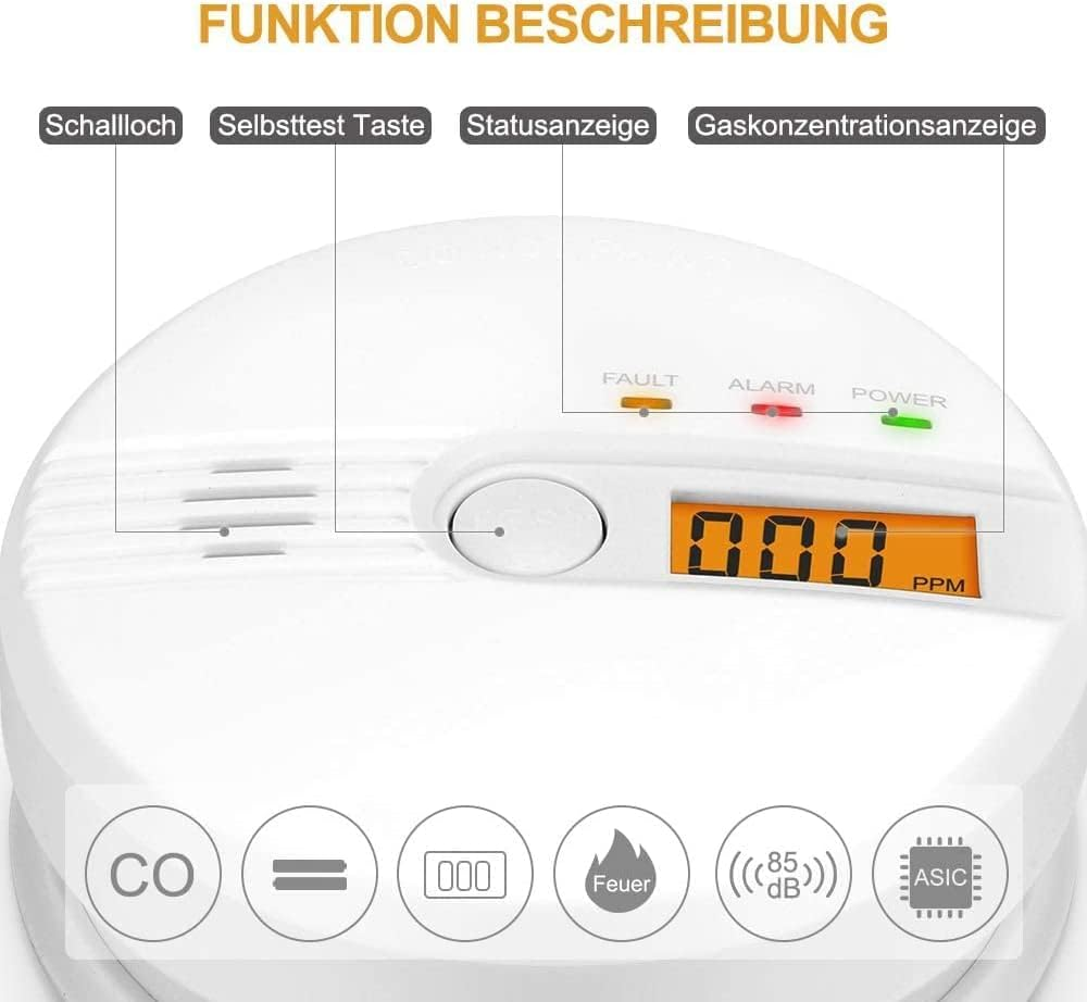 Diagramm eines CO-Melders mit deutscher Beschriftung der Tasten, LED-Anzeigen und des LCD-Bildschirms.