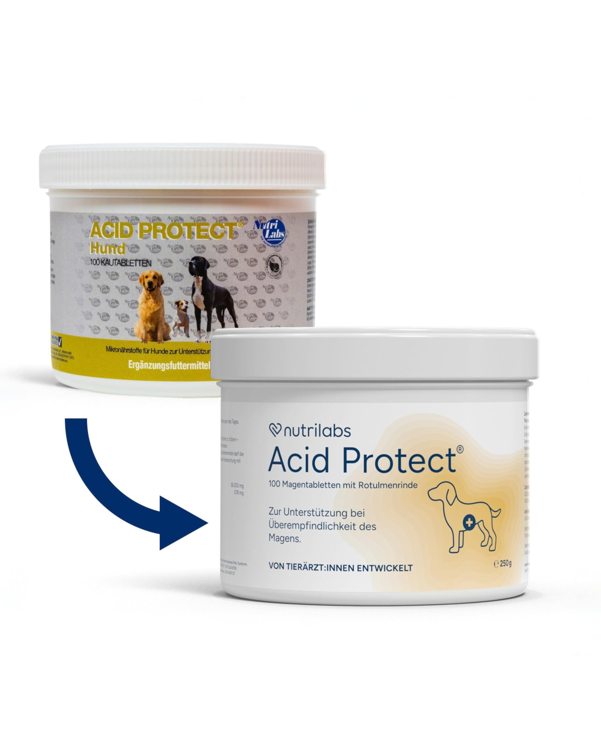Zwei weiße Dosen von Nutrilabs Acid Protect für Hunde, verbunden durch einen blauen Pfeil.
