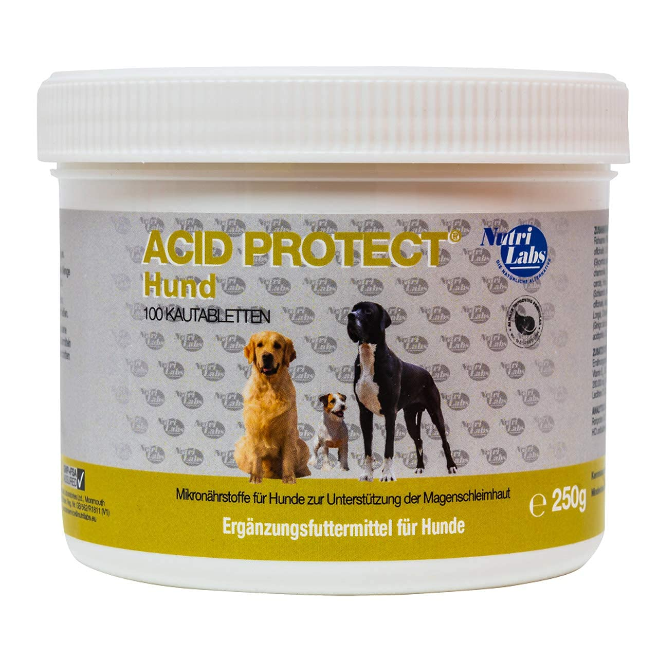 Eine weiße Plastikdose Acid Protect Nahrungsergänzung für Hunde mit drei Hunden auf dem Etikett und gelbem Band unten.