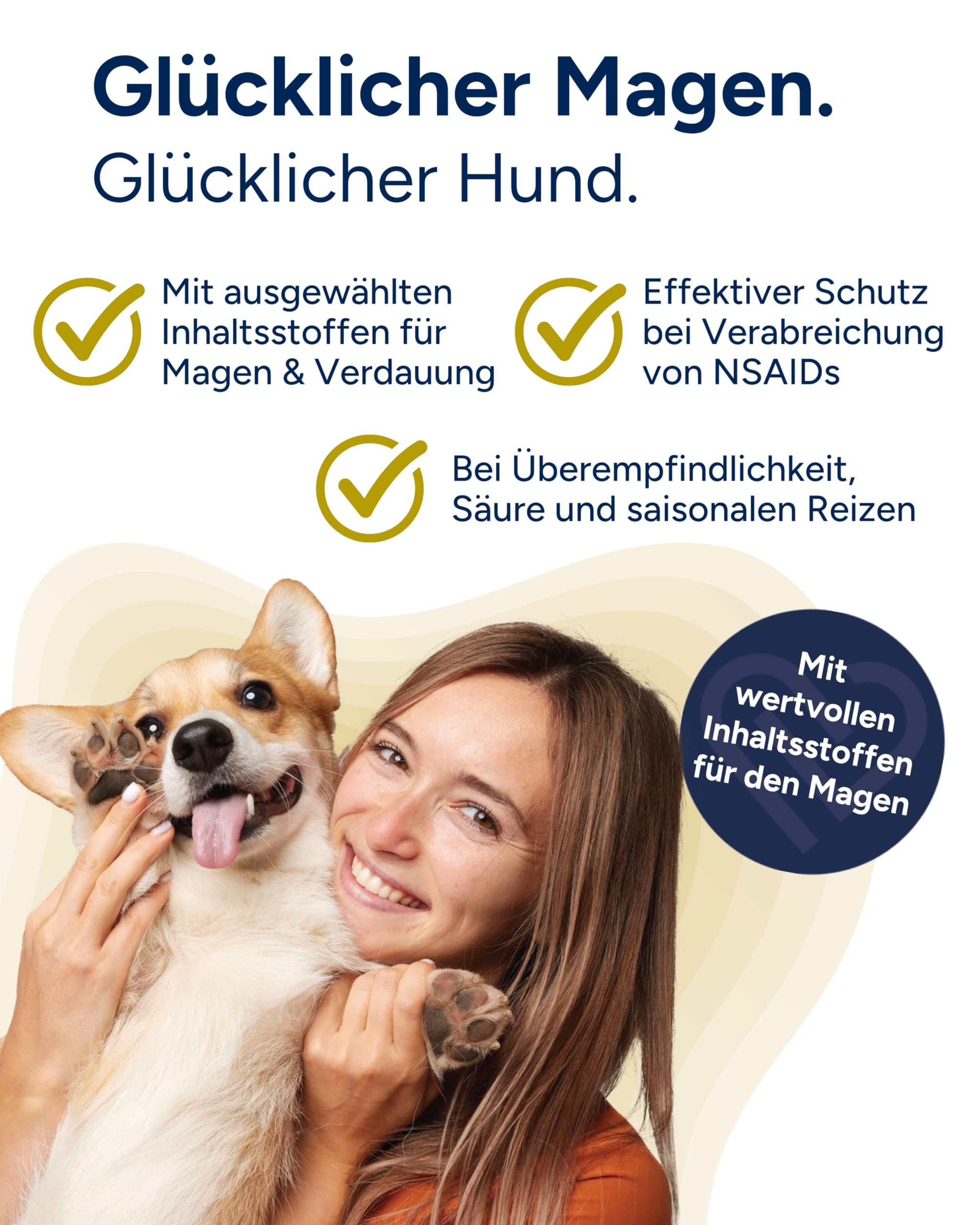 Eine lächelnde Frau hält einen glücklichen Corgi-Hund, umgeben von Werbetexten auf Deutsch.