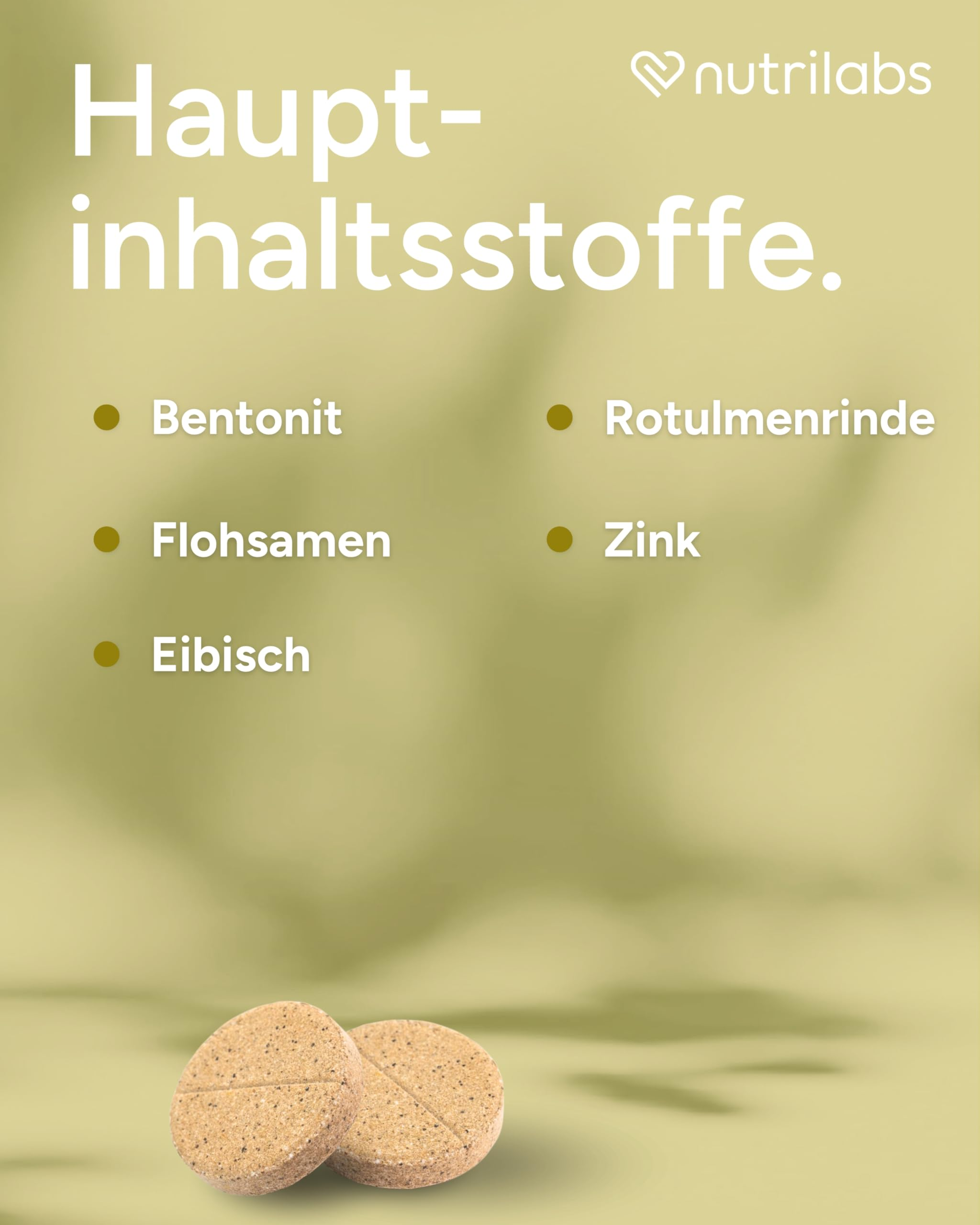 Nahrungsmitteletikett mit Hauptinhaltsstoffen und zwei runden Tabletten auf grünem Hintergrund.