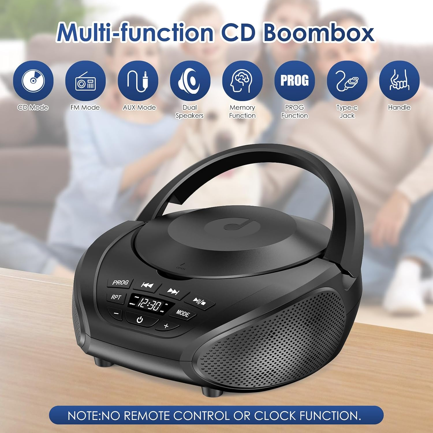 Schwarze CD-Boombox mit Griff und Tasten auf einem Tisch mit Feature-Icons im Hintergrund.