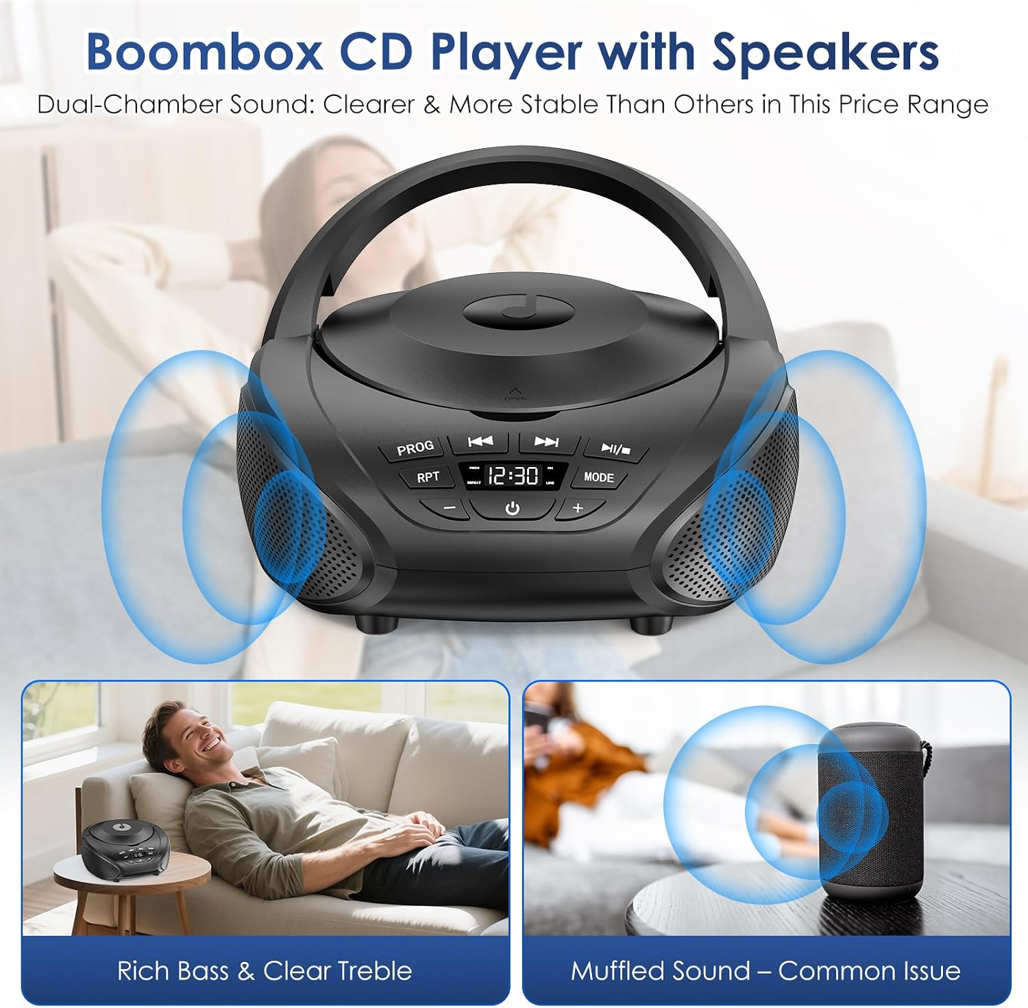 Schwarzer CD-Boombox mit Lautsprechern, Text und zwei Beispielfotos unten.