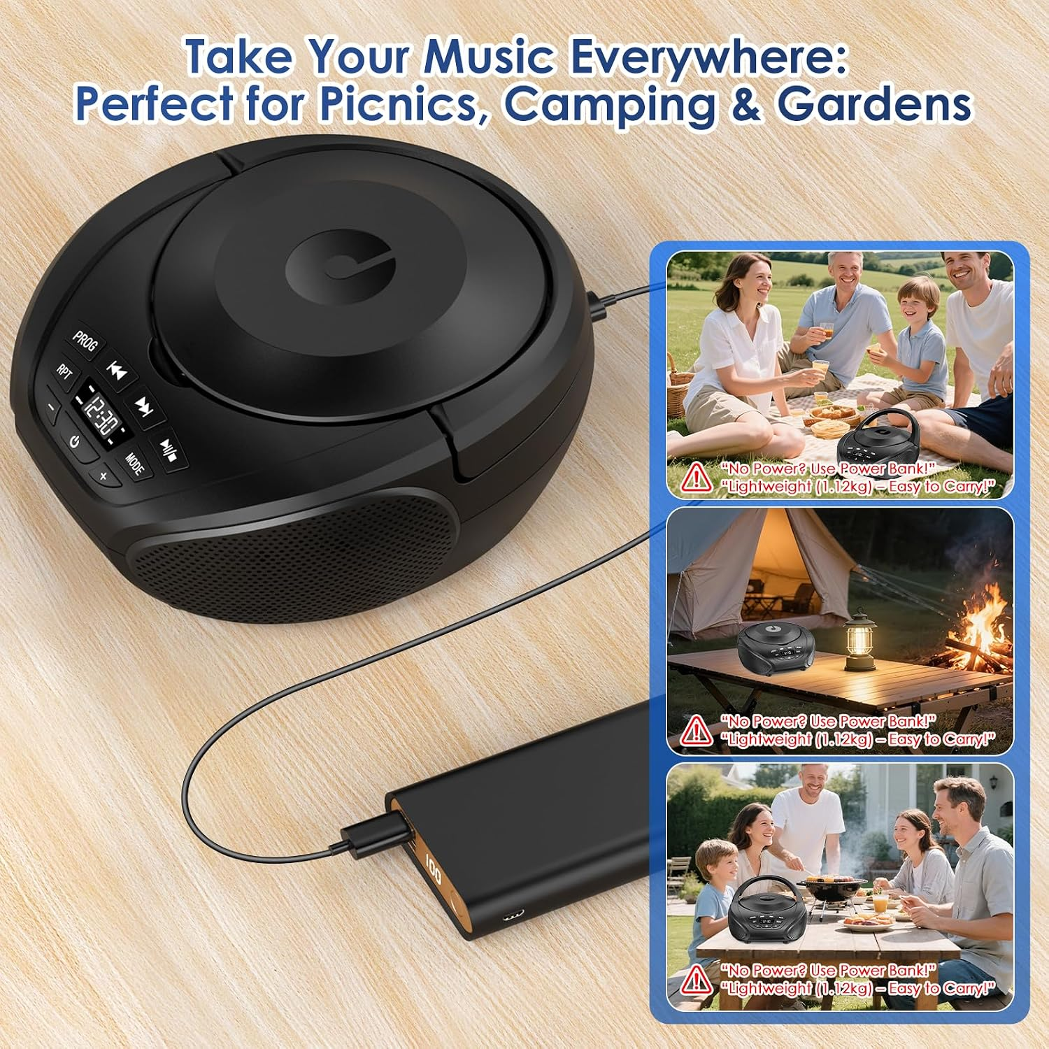 Schwarzer CD-Player verbunden mit Powerbank, ideal für Picknicks und Camping.