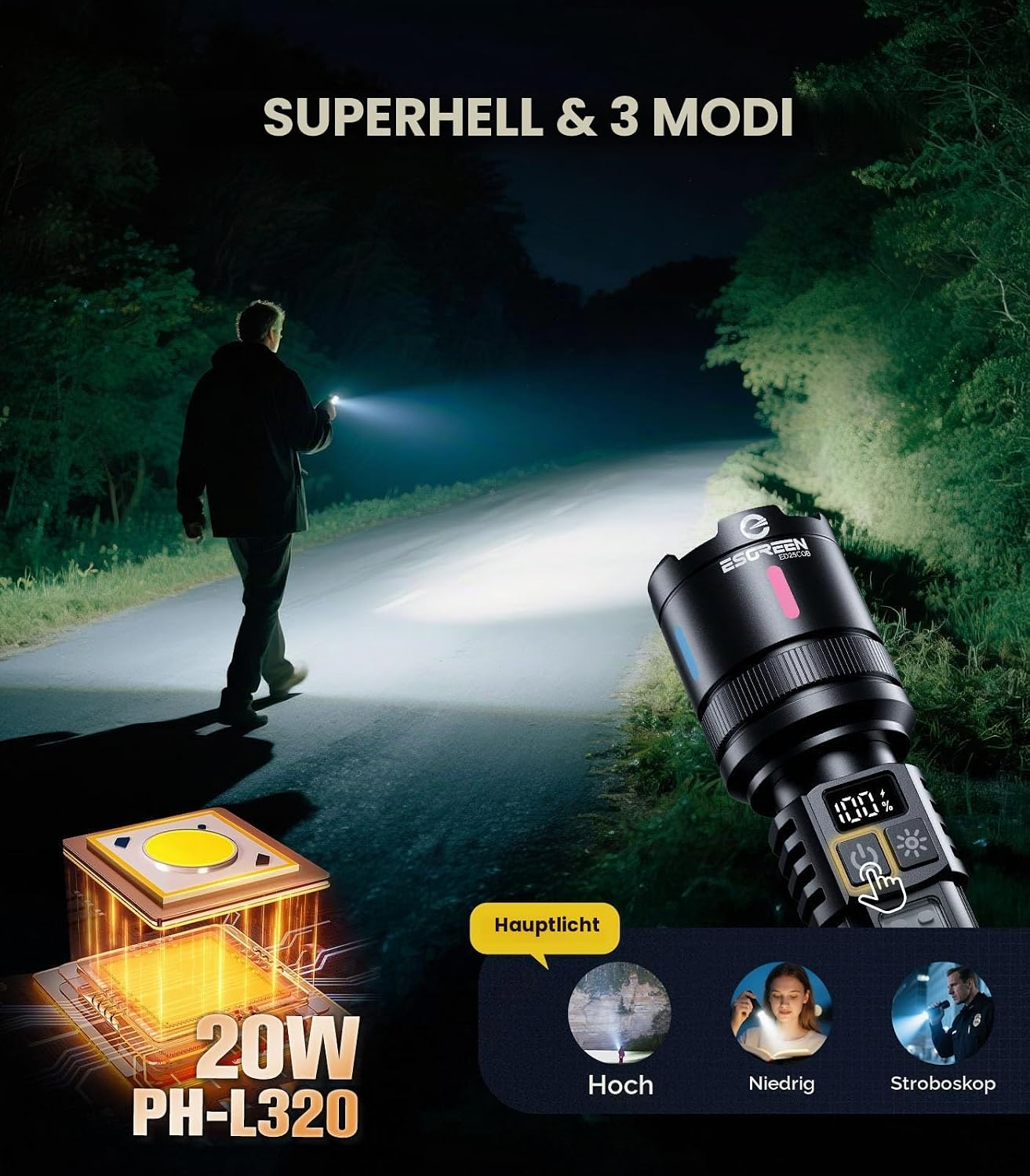 Eine schwarze 20W LED-Taschenlampe beleuchtet eine dunkle Straße mit Display, Chip und drei Leuchtmodi.