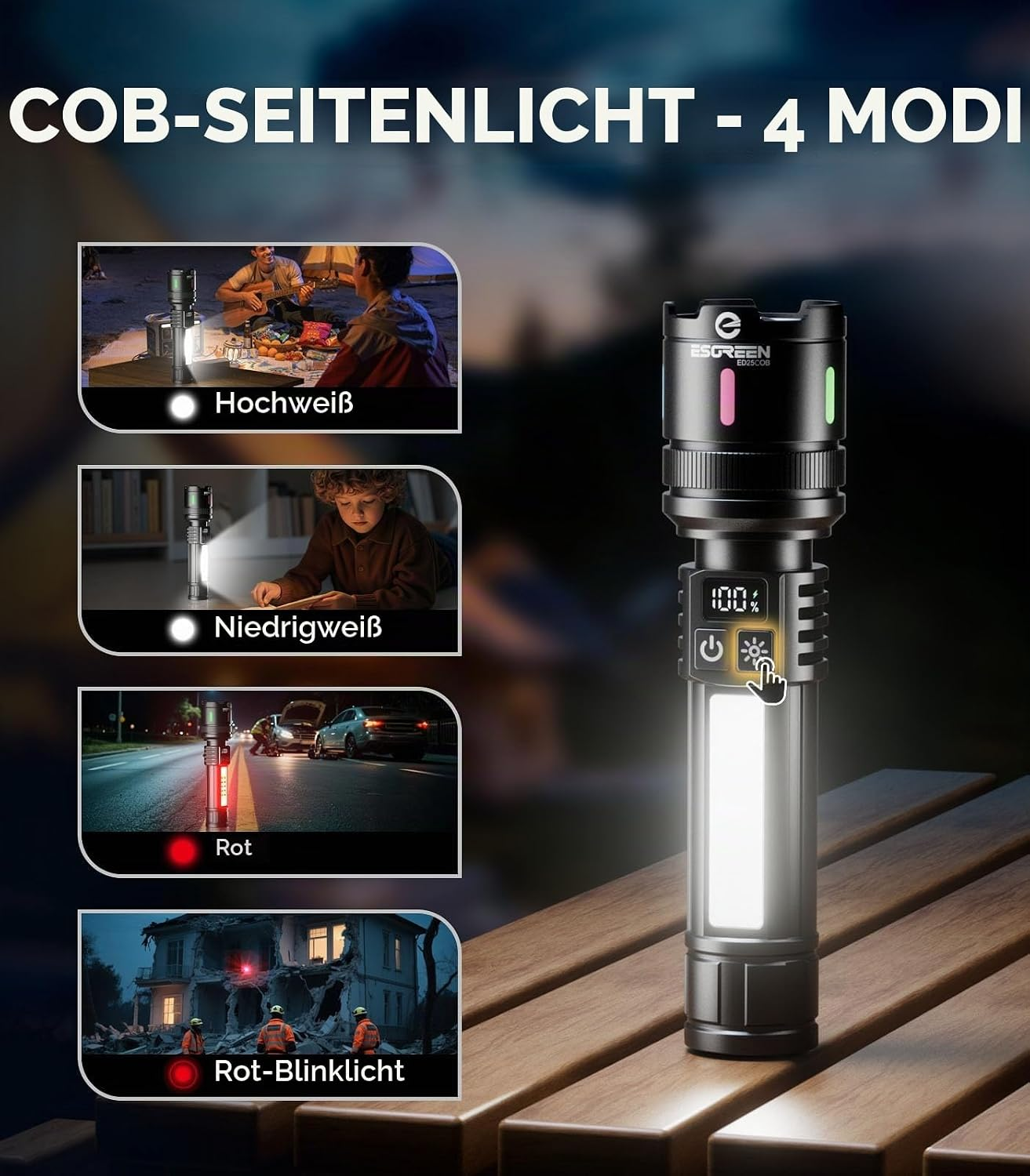 Schwarze LED-Taschenlampe mit digitaler Akkuanzeige und vier COB-Seitenlichtmodi, gezeigt in verschiedenen Szenen.