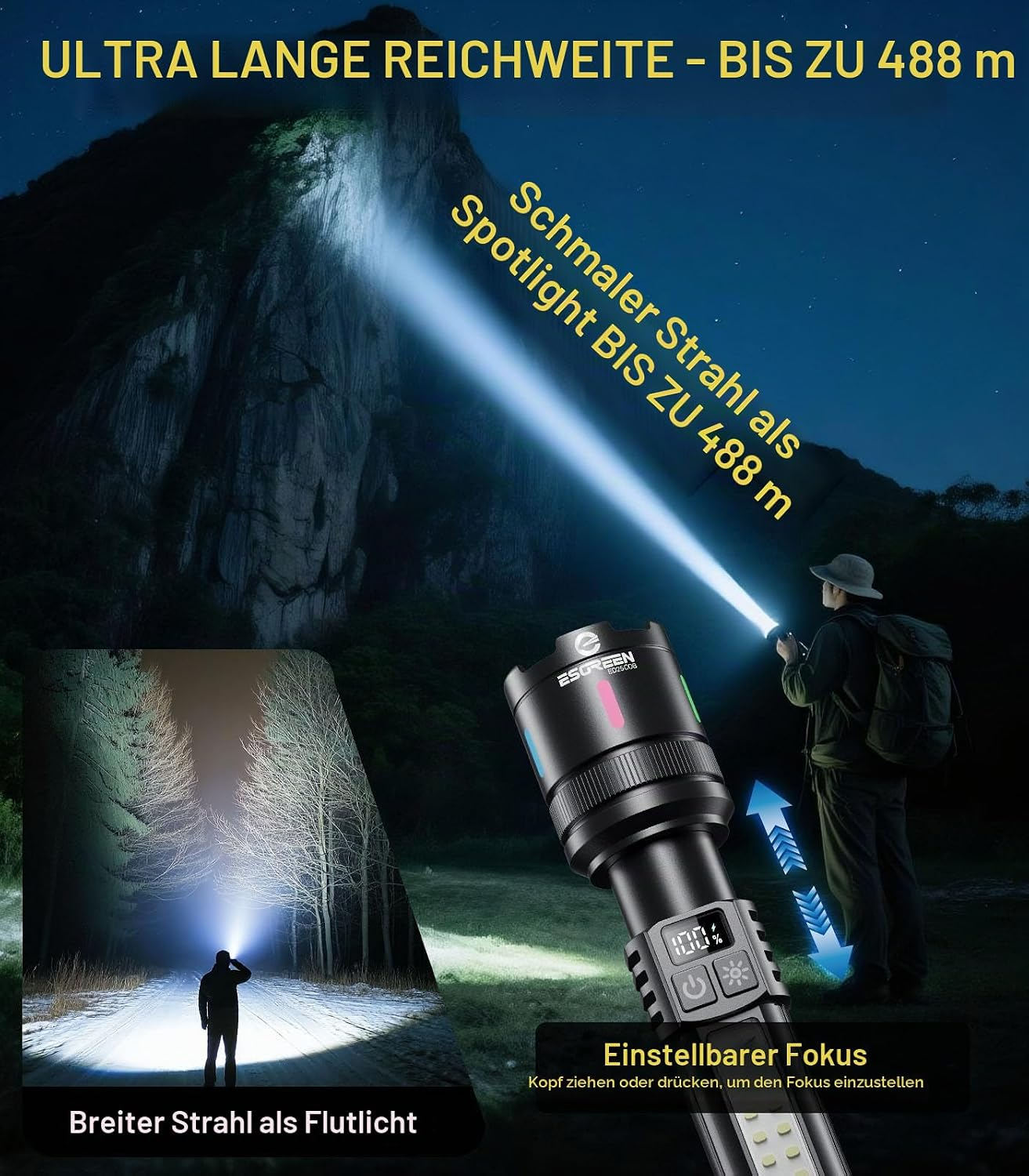 Eine Taschenlampe mit einstellbarem Fokus wirft einen hellen Strahl auf eine Klippe.