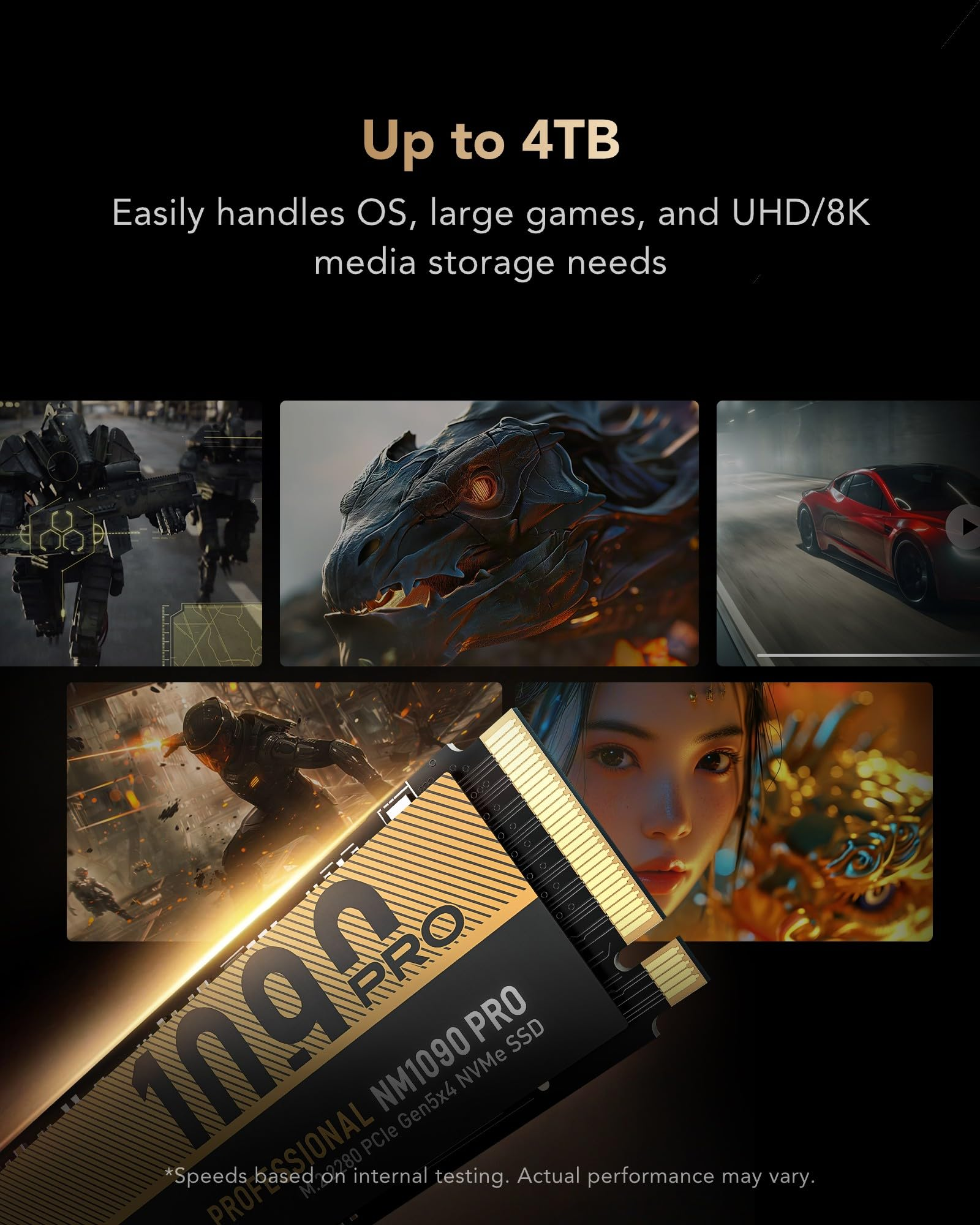 Un SSD NVMe NM1090 PRO da 4 TB, con immagini di giochi e auto sullo sfondo.