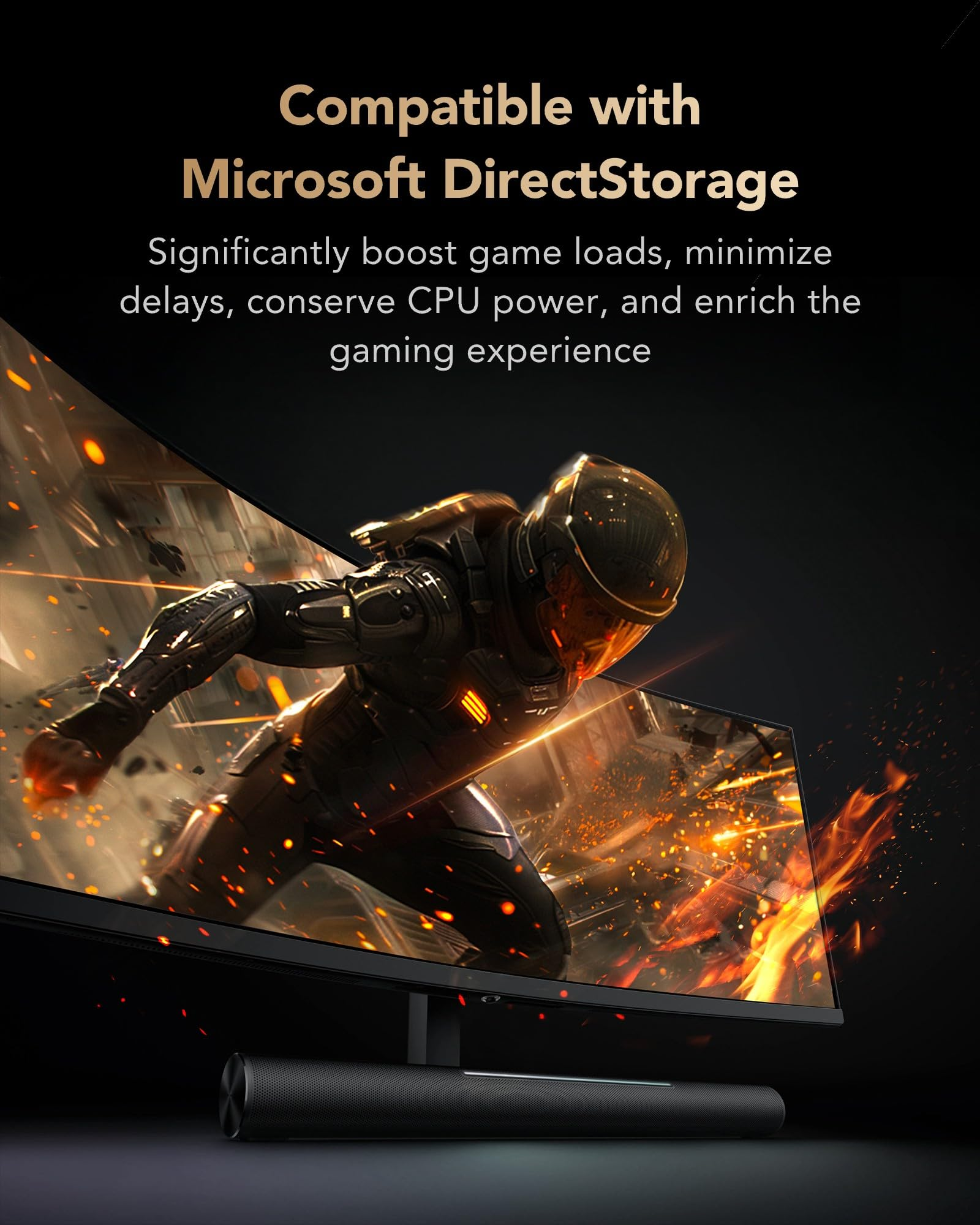 Un monitor da gioco con un soldato futurista in azione e testo sulla compatibilità con Microsoft DirectStorage.