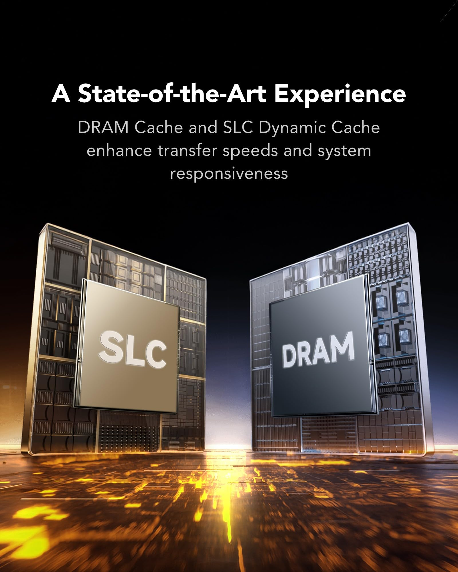 Grafica tecnologica con chip SLC e DRAM su una superficie lucida.