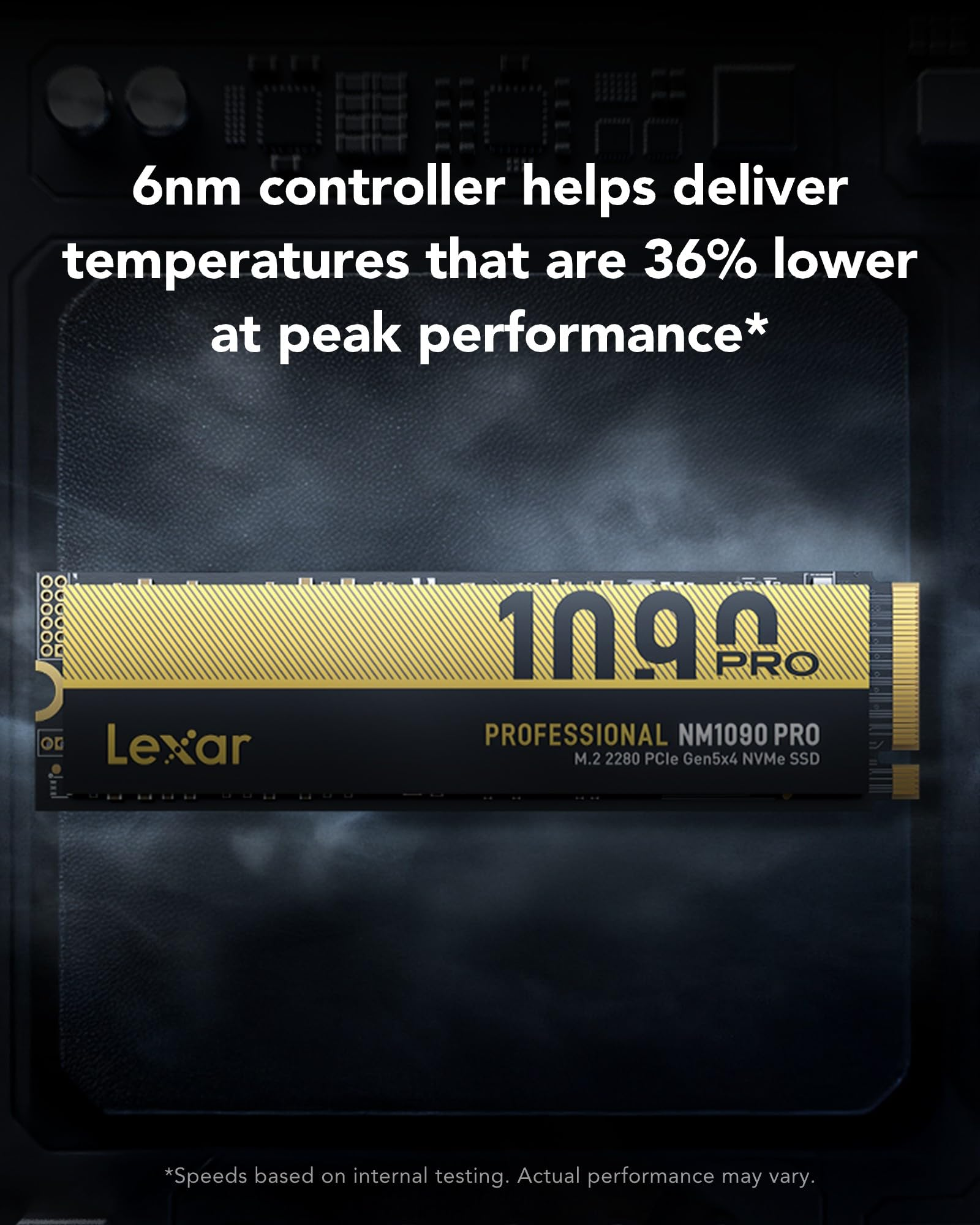 SSD M.2 Lexar NM1090 PRO con design nero e oro su sfondo scuro e fumoso.