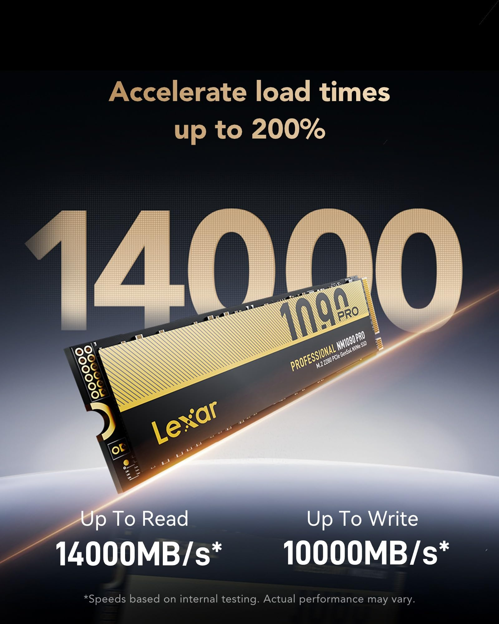SSD M.2 NVMe Lexar NM1090 PRO con velocità di lettura di 14000 MB/s su sfondo blu scuro.