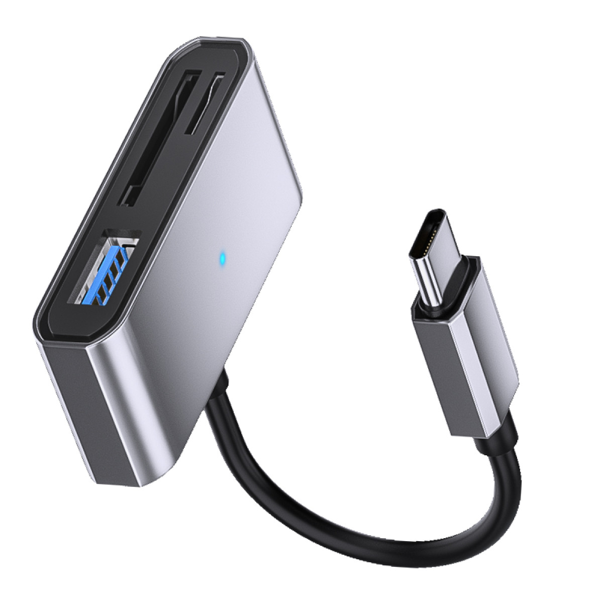 Ein silberner USB-C-Hub mit verschiedenen Anschlüssen und einem kurzen schwarzen Kabel.