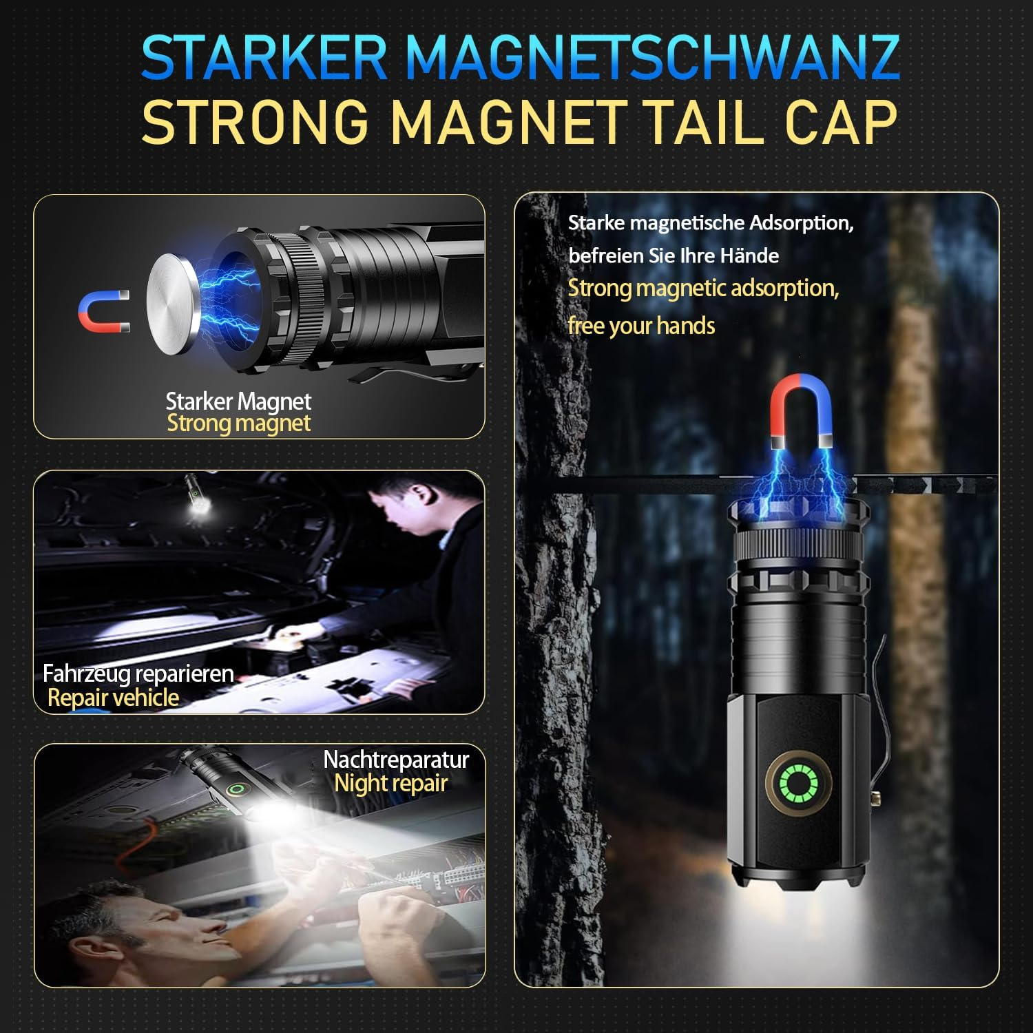 Taschenlampe mit starkem Magnetfuß für freihändige Nutzung bei Reparaturen.