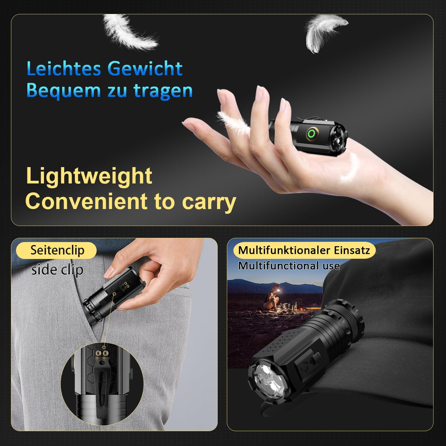 Leichte Taschenlampe, bequem zu tragen, mit Seitenclip und vielseitig einsetzbar.