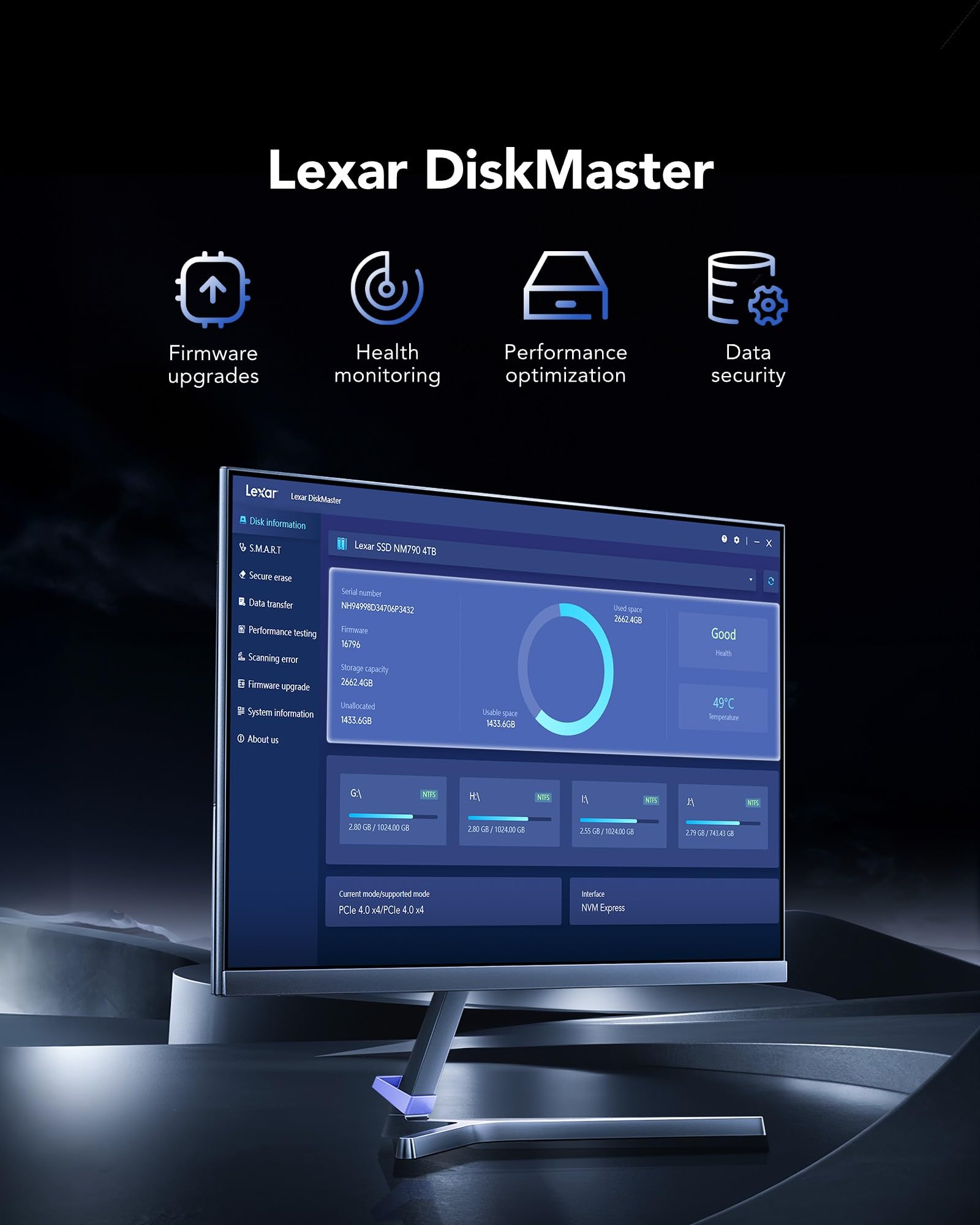 Interfaccia software Lexar DiskMaster su un monitor, con funzioni come aggiornamenti firmware e monitoraggio dello stato.