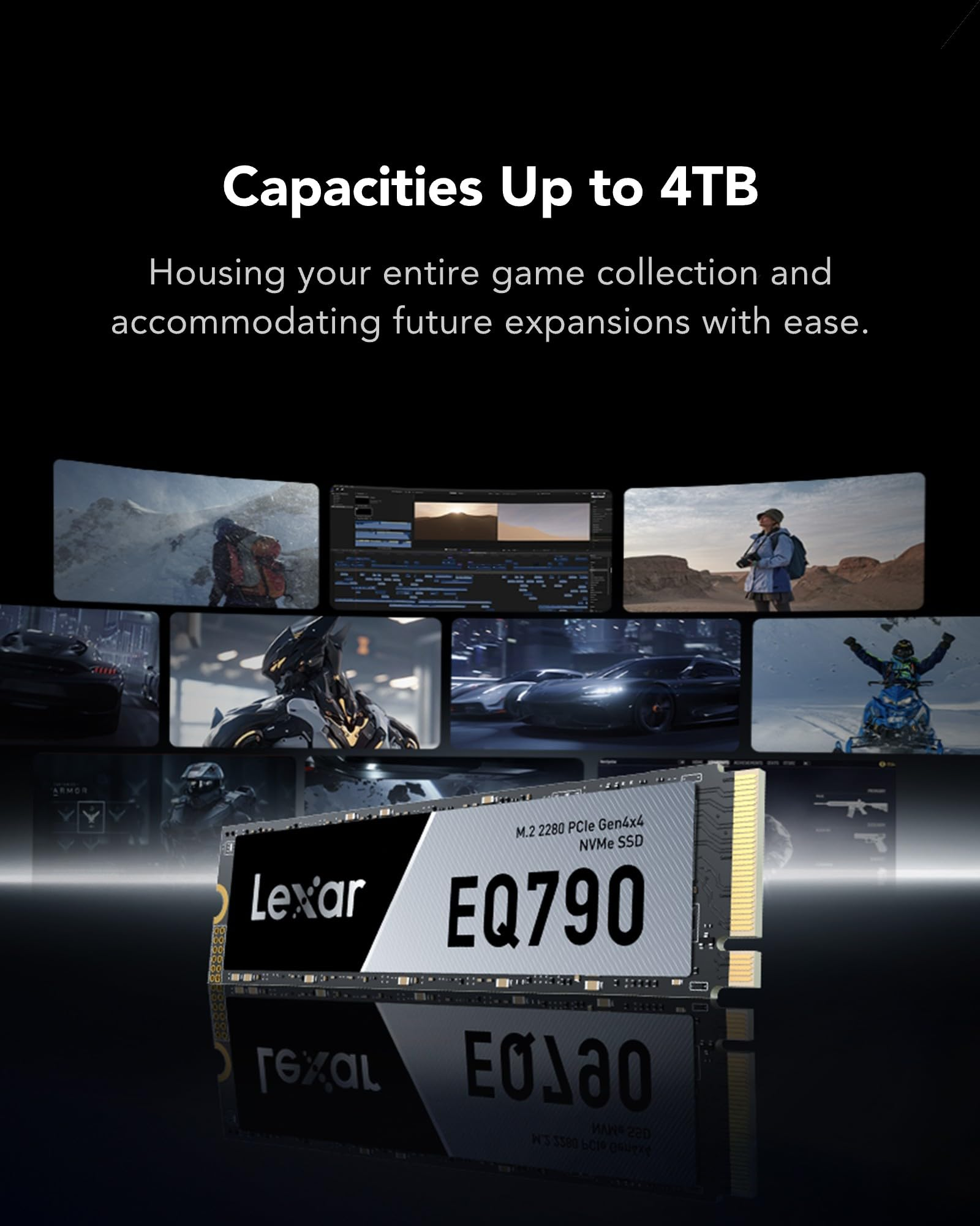 Pubblicità SSD Lexar EQ790 M.2 NVMe con immagini di giochi e videoediting e capacità 4TB.