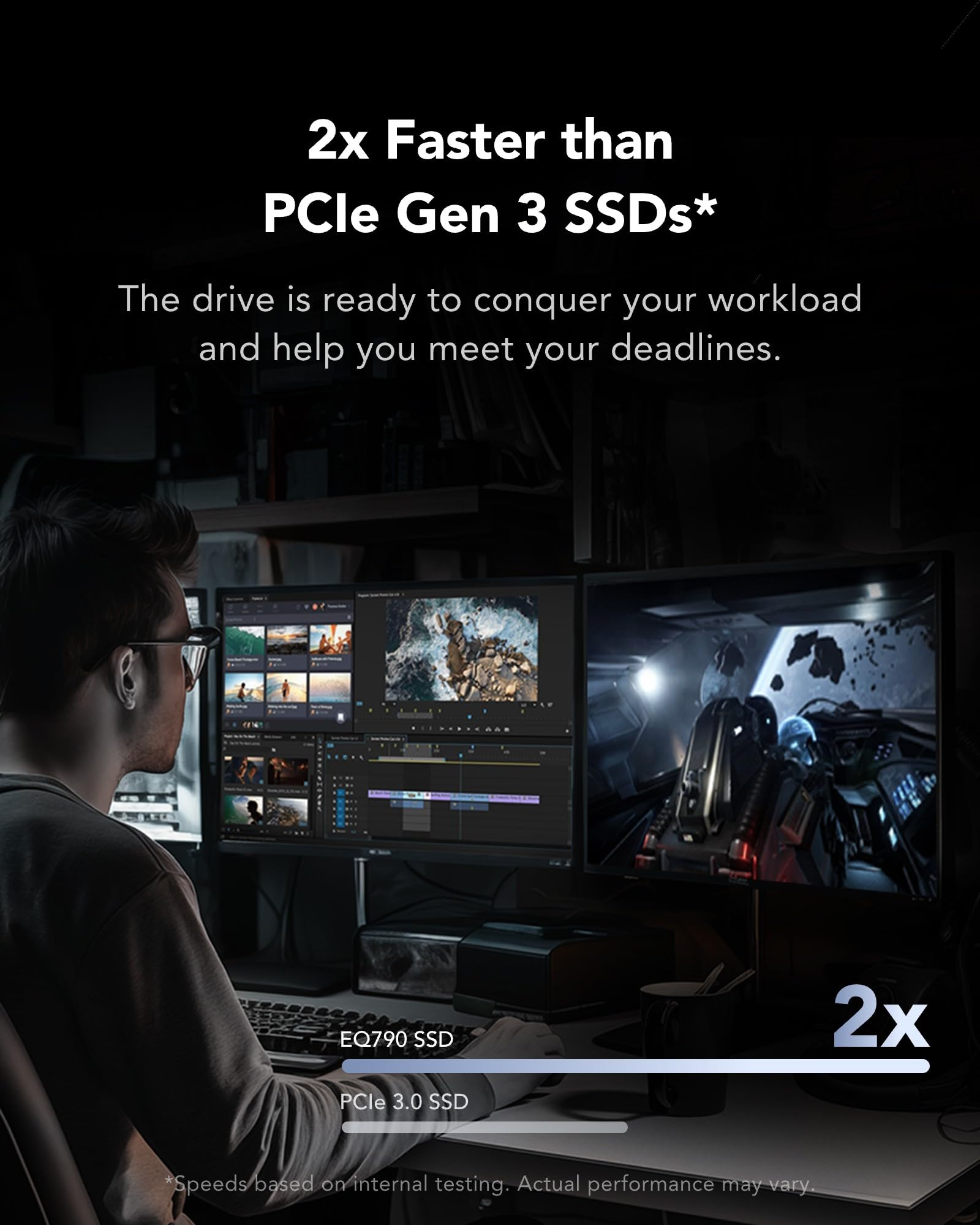 Un uomo usa due monitor con software di editing, promuovendo un SSD 2 volte più veloce di PCIe Gen 3.