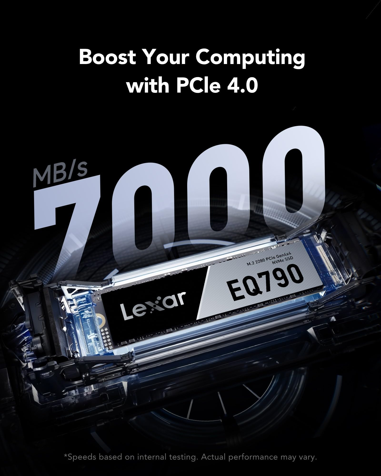 SSD Lexar EQ790 M.2 2280 su sfondo scuro con testo 7000 MB/s.