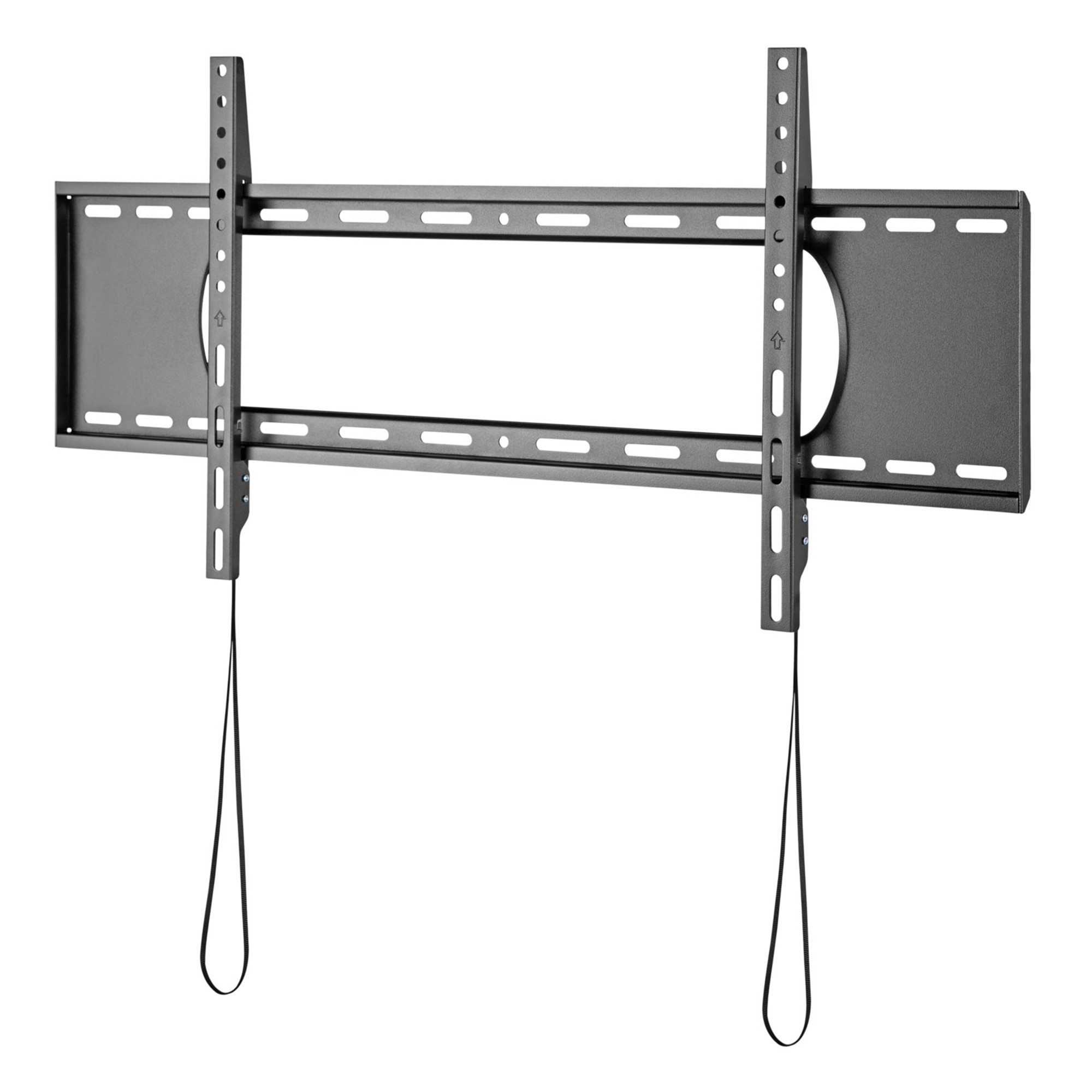 Schwarze TV-Wandhalterung mit Rahmen und zwei vertikalen Schienen auf weißem Hintergrund.