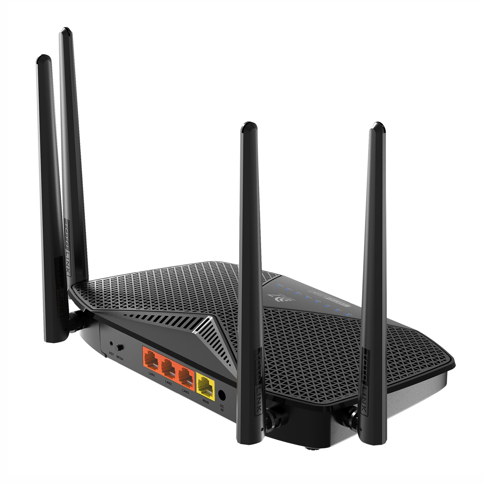 Czarny router Wi-Fi z czterema antenami i kolorowymi portami na białym tle.