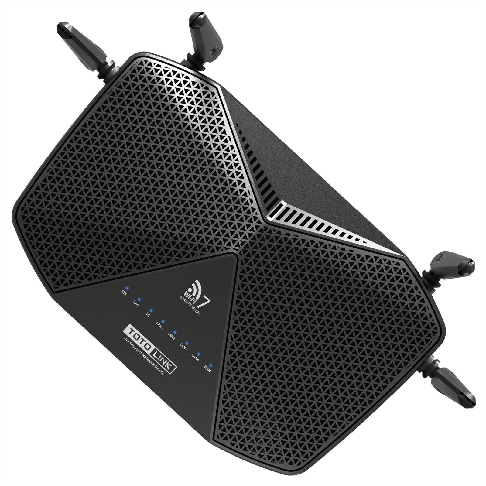 Czarny router TOTO LINK Wi-Fi 7 z trójkątnym wzorem i czterema antenami.
