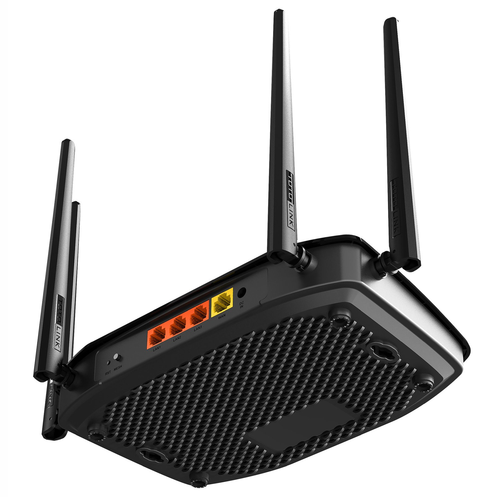 Czarny router Wi-Fi z czterema pionowymi antenami i kolorowymi portami na białym tle.