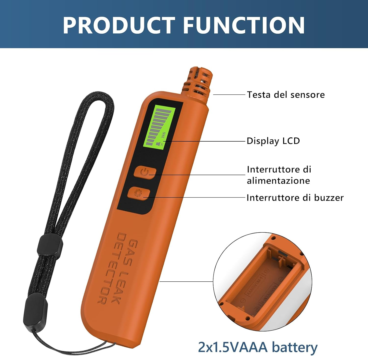 Oranger Gasdetektor mit LCD-Display, Tasten und Batteriefach.