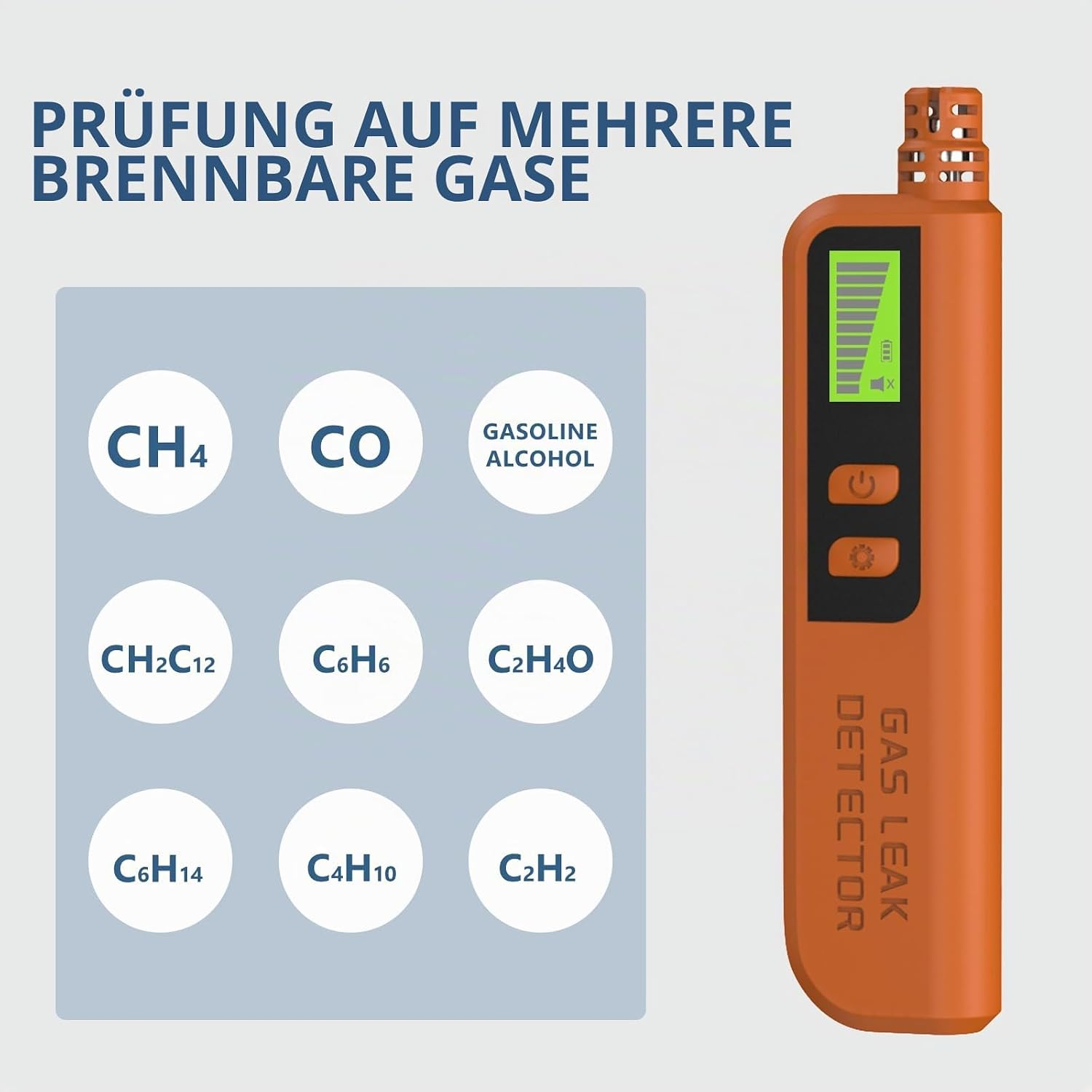 Oranger Gasdetektor rechts, links Kreise mit chemischen Formeln auf grauem Grund.