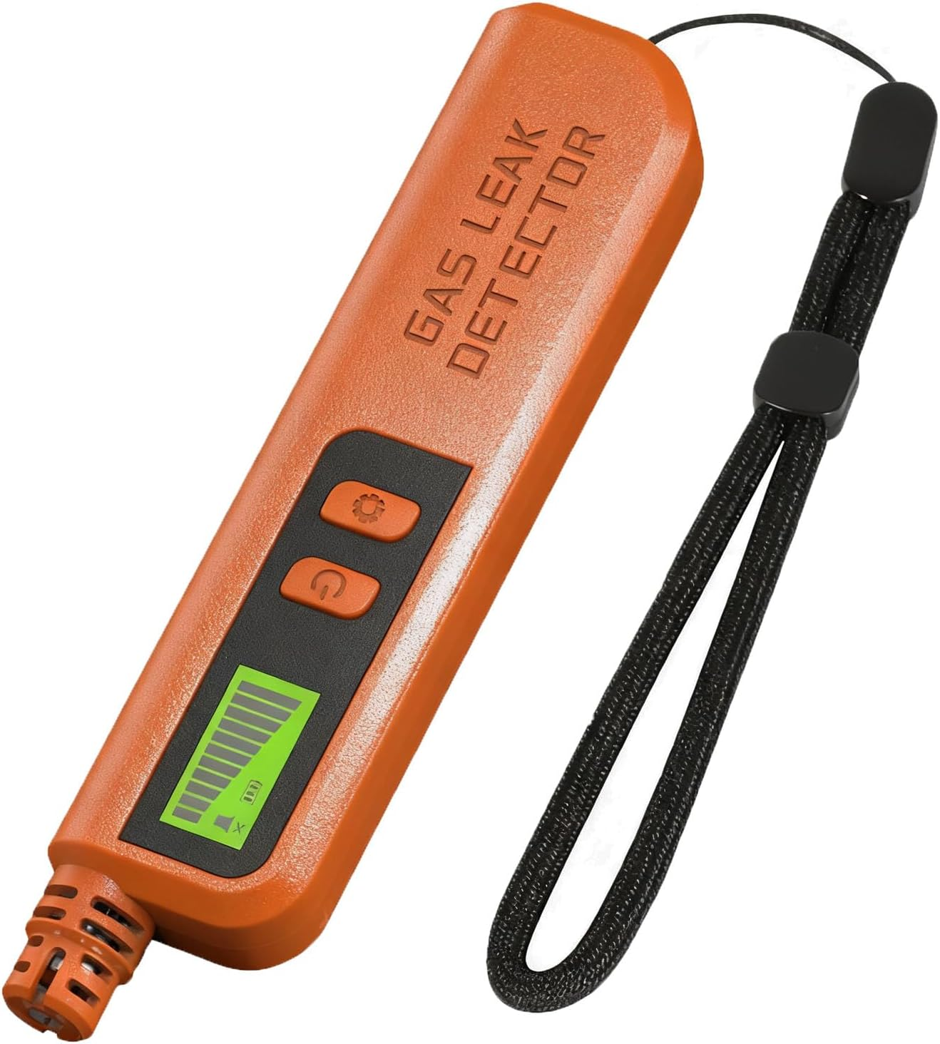 Ein orangefarbenes Handgaslecksuchgerät mit schwarzem Display, Tasten und schwarzer Handschlaufe.