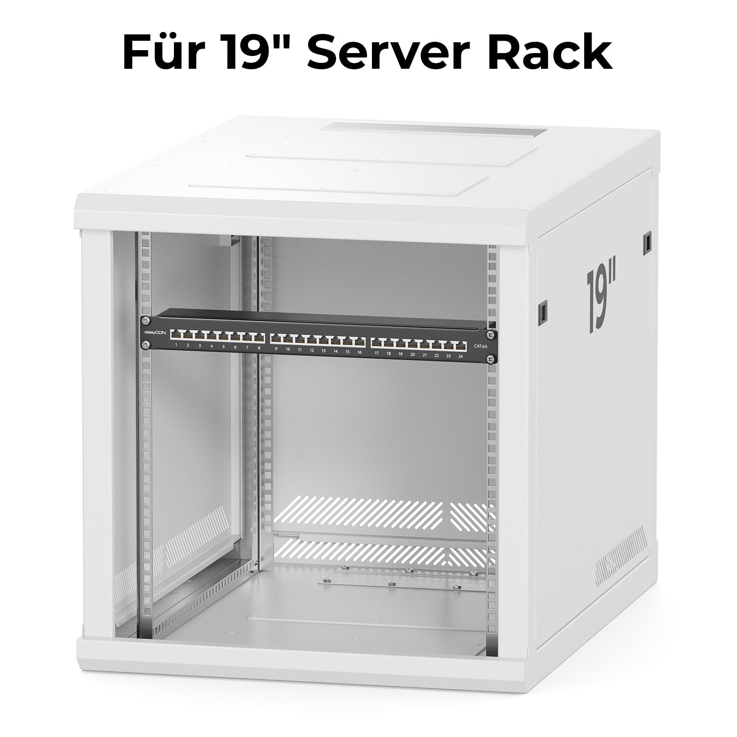 Un rack per server bianco vuoto da 19 pollici con un pannello di patch al centro.