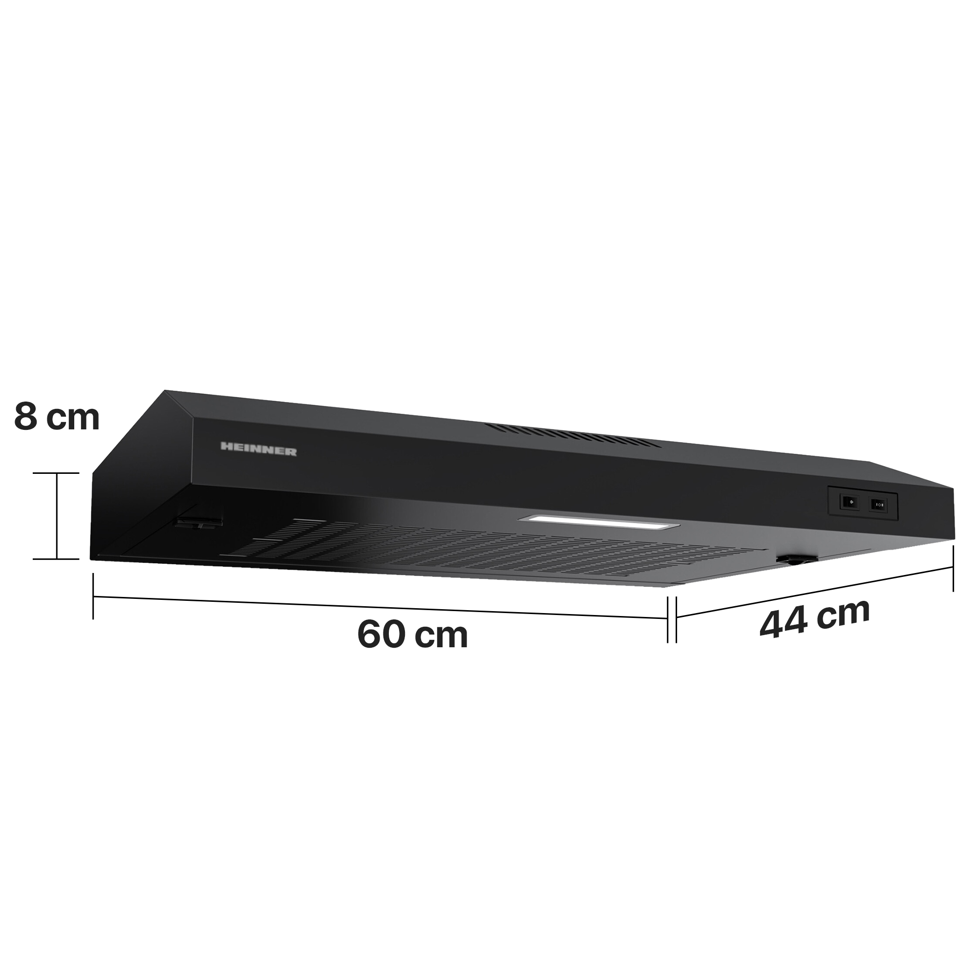 Hotte aspirante encastrable noire avec dimensions : 60 cm de largeur, 44 cm de profondeur et 8 cm de hauteur.