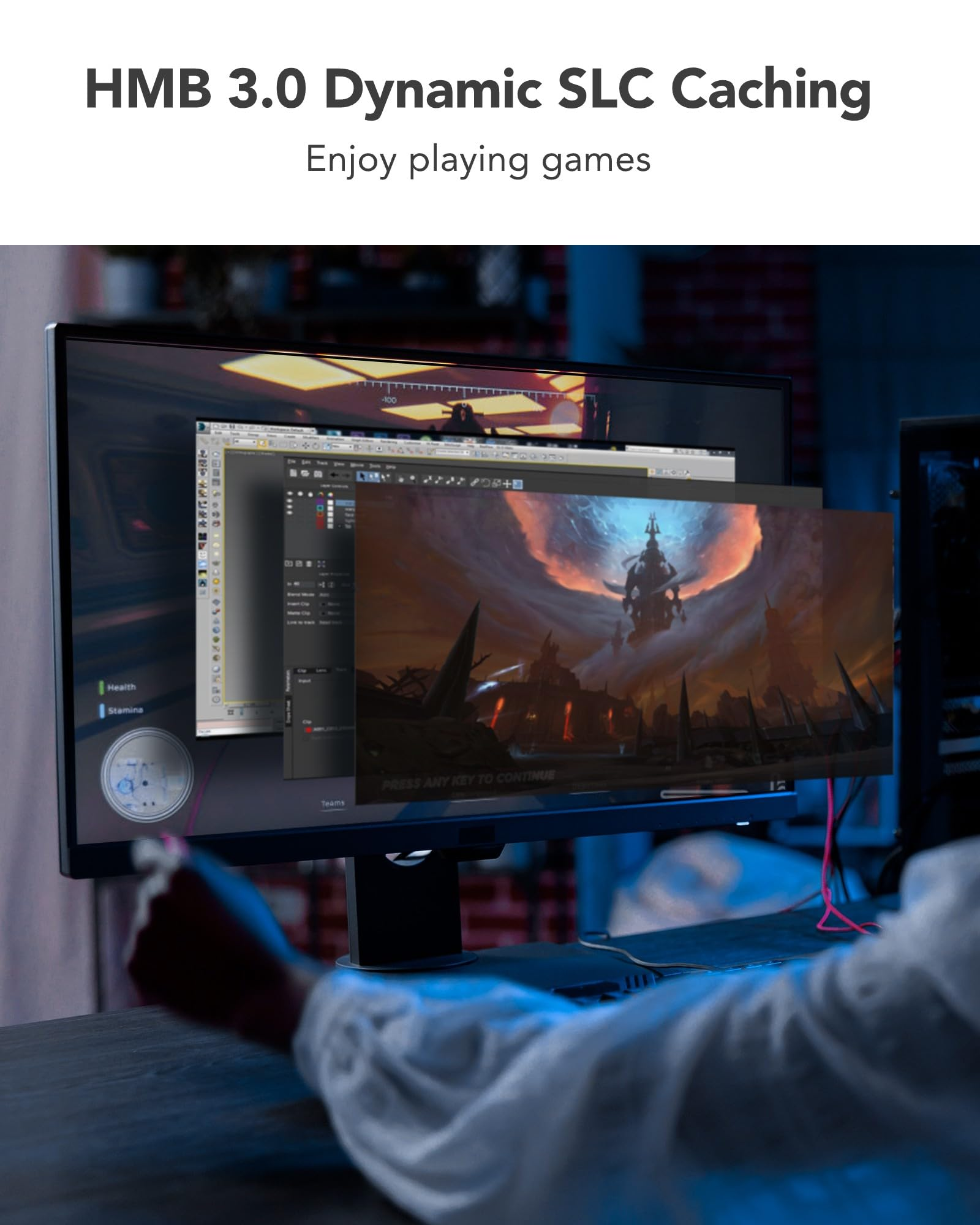 Uno schermo di computer mostra un gioco e finestre di software con uno sfondo sfocato.