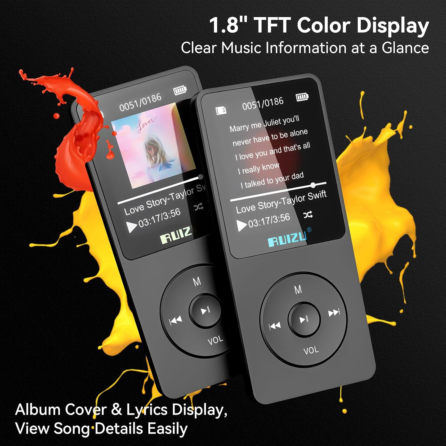 Zwei graue RUIZU MP3-Player mit 1,8-Zoll-Display und farbigen Farbspritzern auf schwarzem Hintergrund.