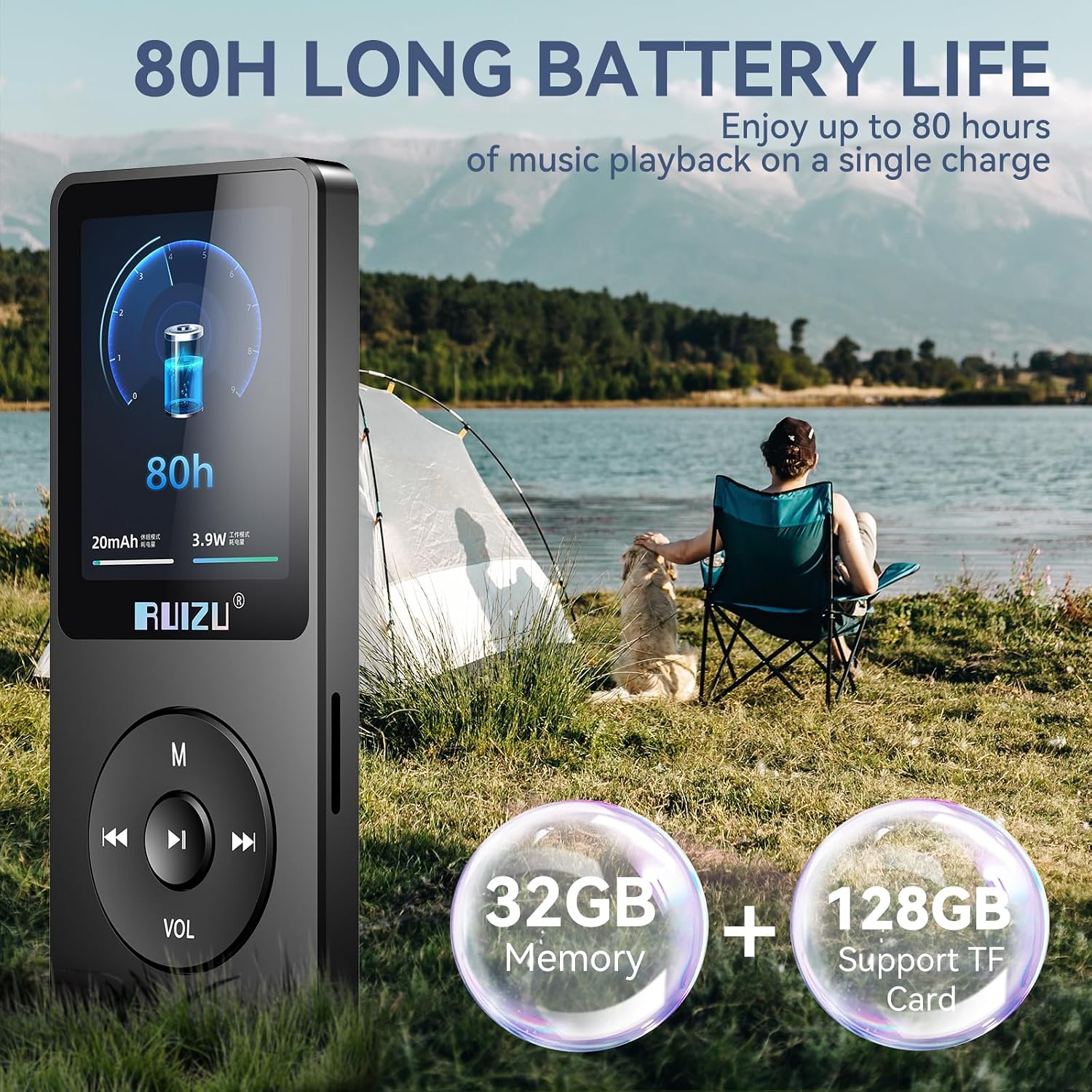 MP3-Player vor einer Camping-Szene mit See, Bergen, Zelten und Text über Akkulaufzeit und Speicher.