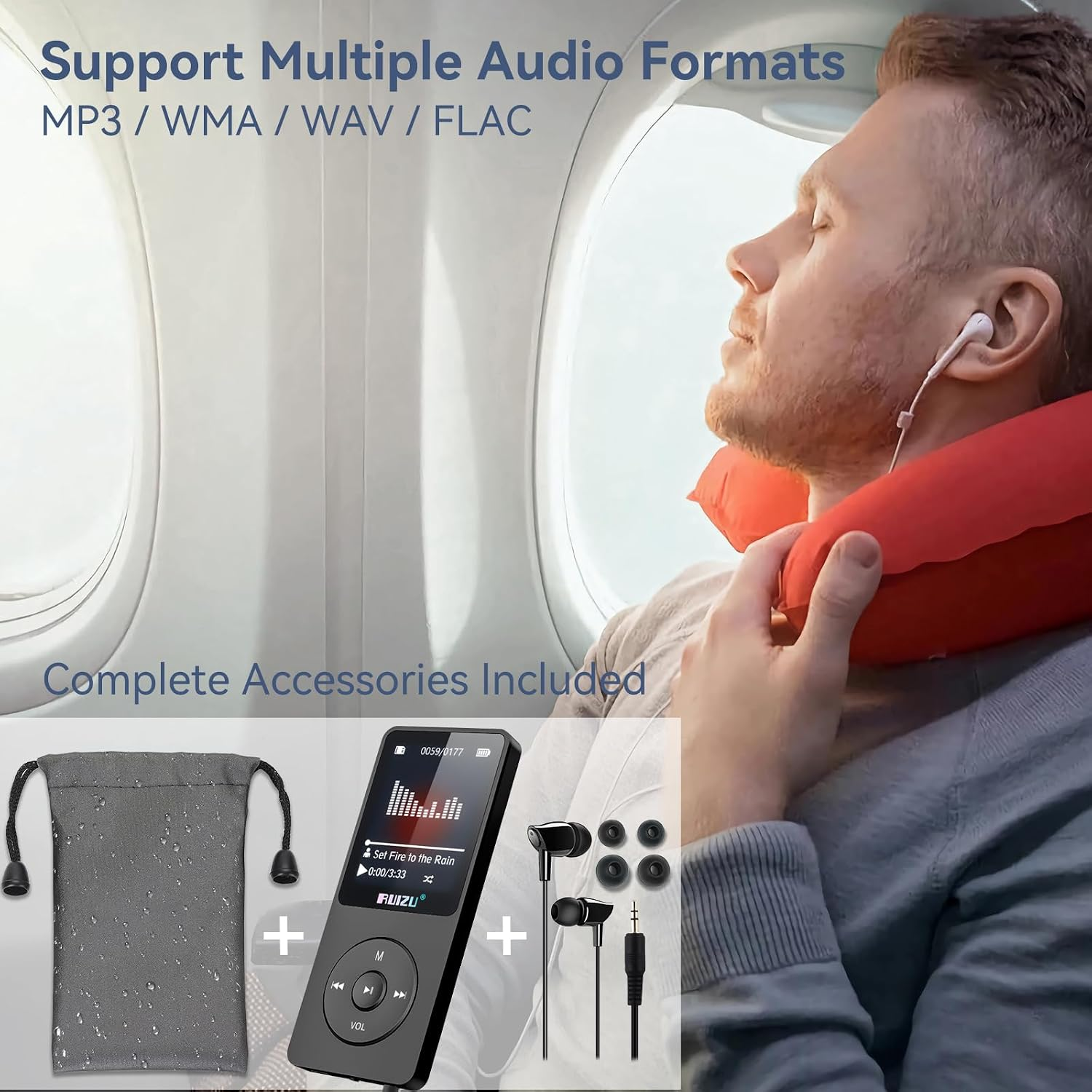 Ein Mann mit rotem Nackenkissen sitzt im Flugzeug und hört Musik über MP3-Player und Kopfhörer mit Zubehör.