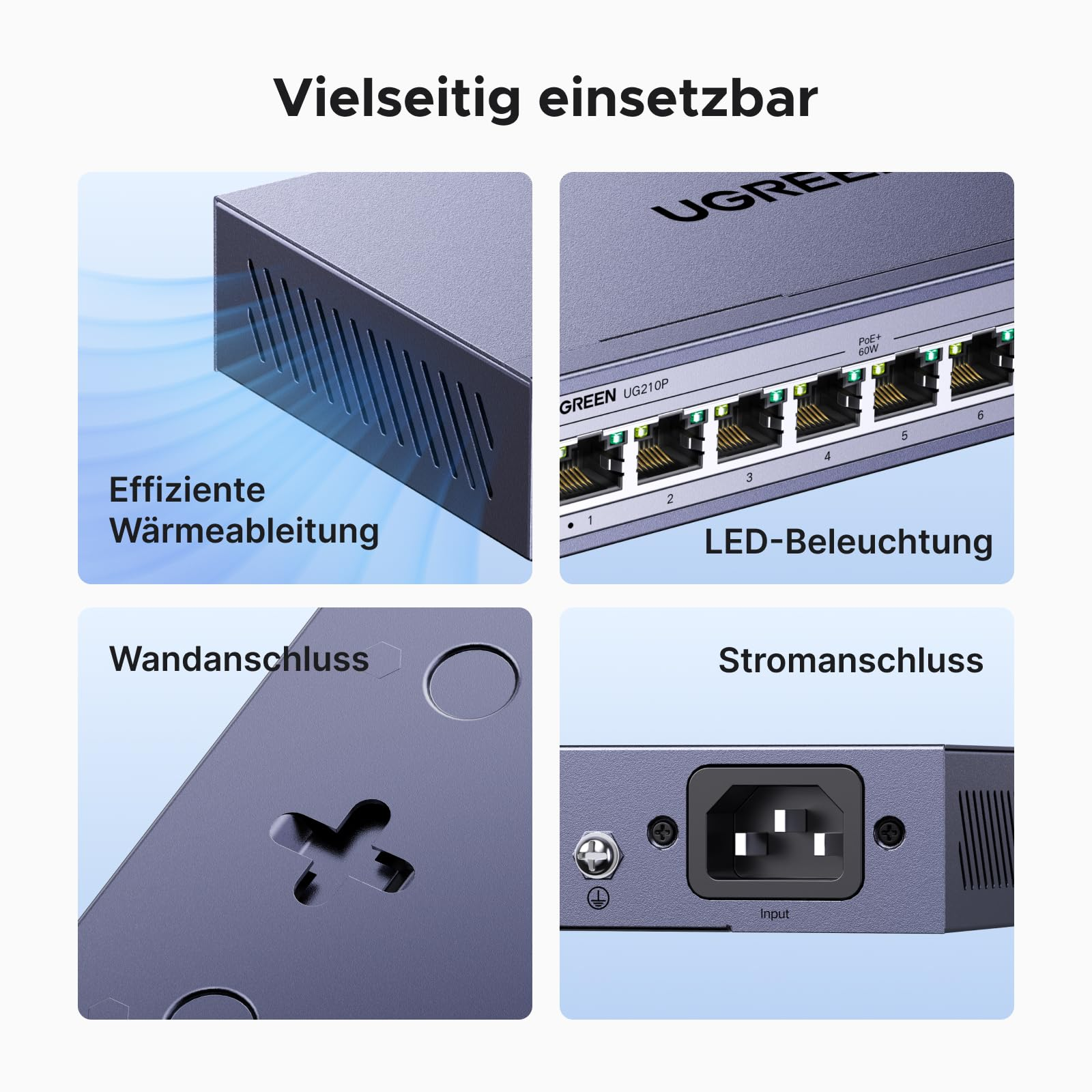 Quatre panneaux montrant les caractéristiques du switch : dissipation thermique, ports Ethernet, montage mural et entrée d'alimentation.