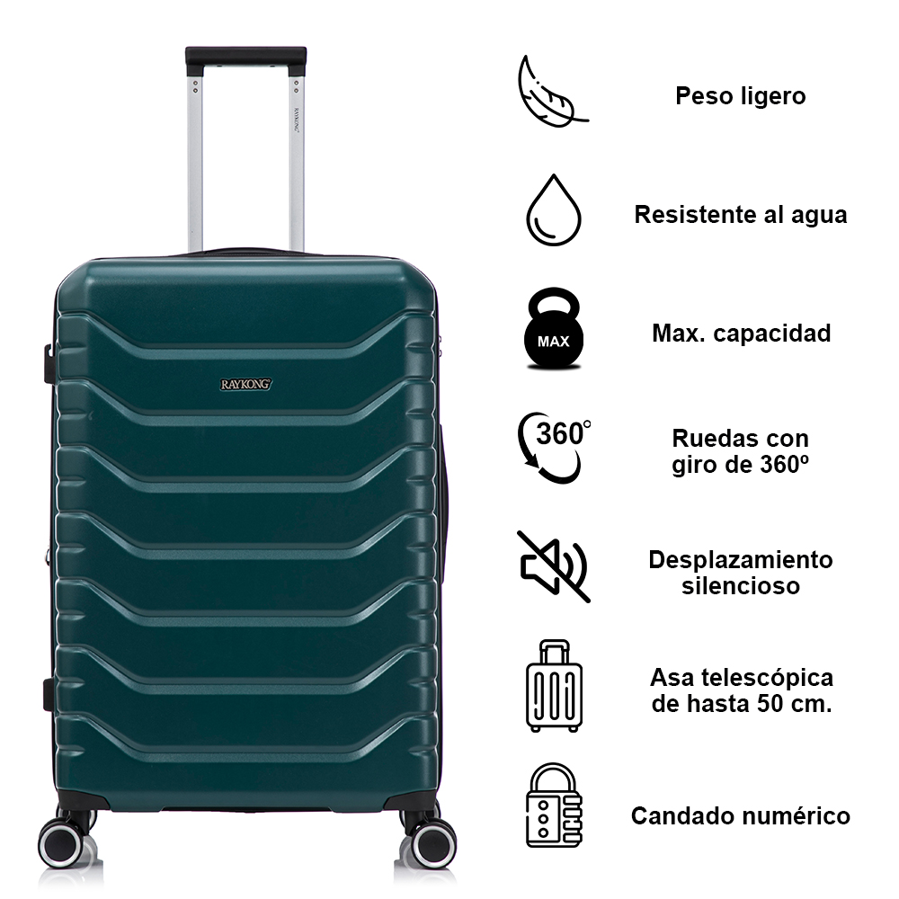 Una maleta rígida verde oscura con asa extensible y cuatro iconos a la derecha que detallan sus características.