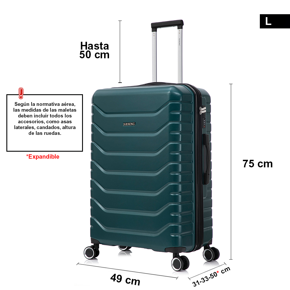 Maleta rígida verde oscuro con dimensiones, asa y ruedas sobre fondo blanco.