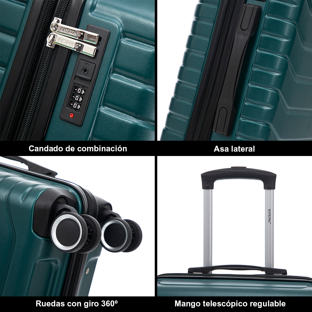 Cuatro paneles muestran el candado, asa lateral, ruedas de 360 grados y mango telescópico de una maleta verde.