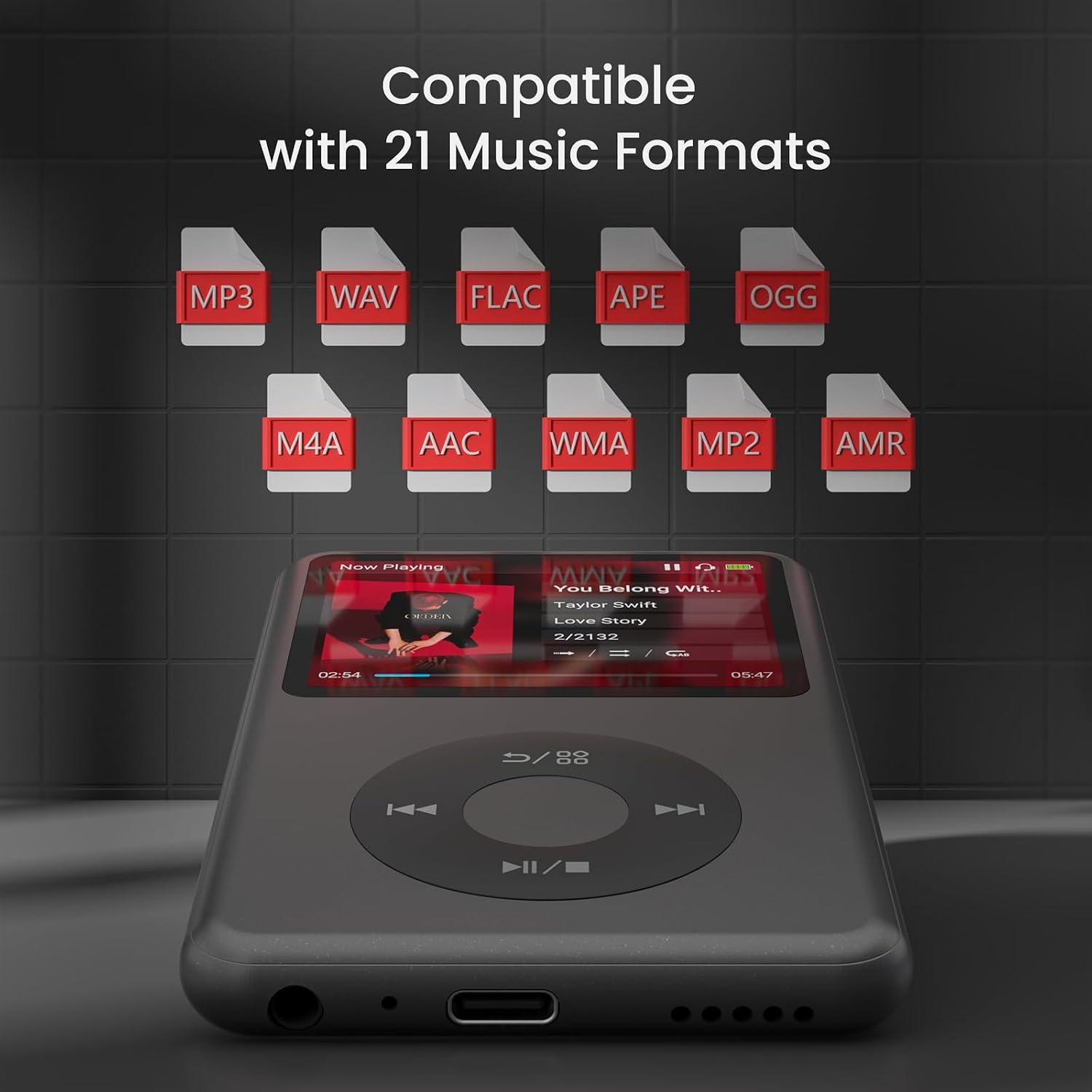 MP3-Player mit Musikformat-Icons wie MP3, WAV, FLAC vor dunklem Hintergrund.