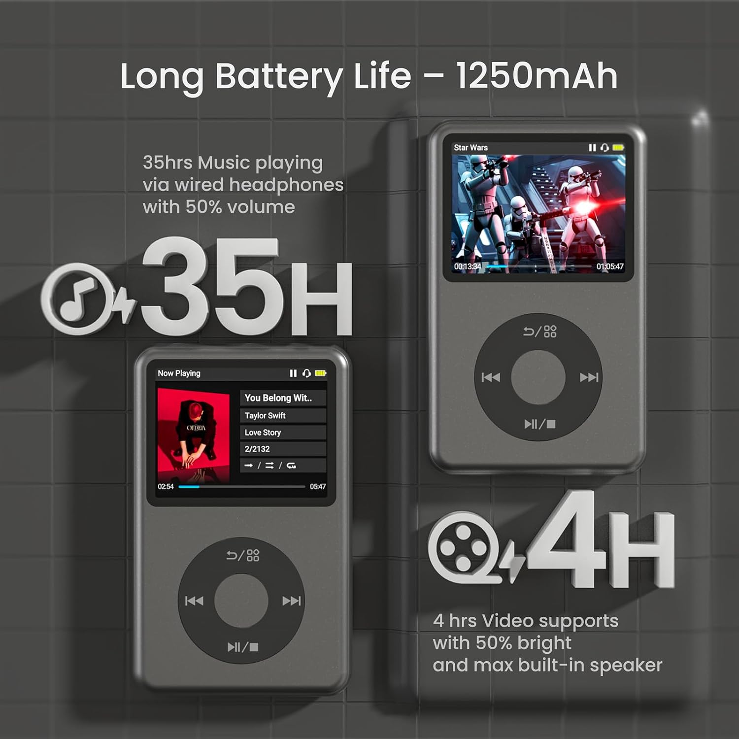 MP3-Player mit Texten zu 35 Stunden Musik und 4 Stunden Video.
