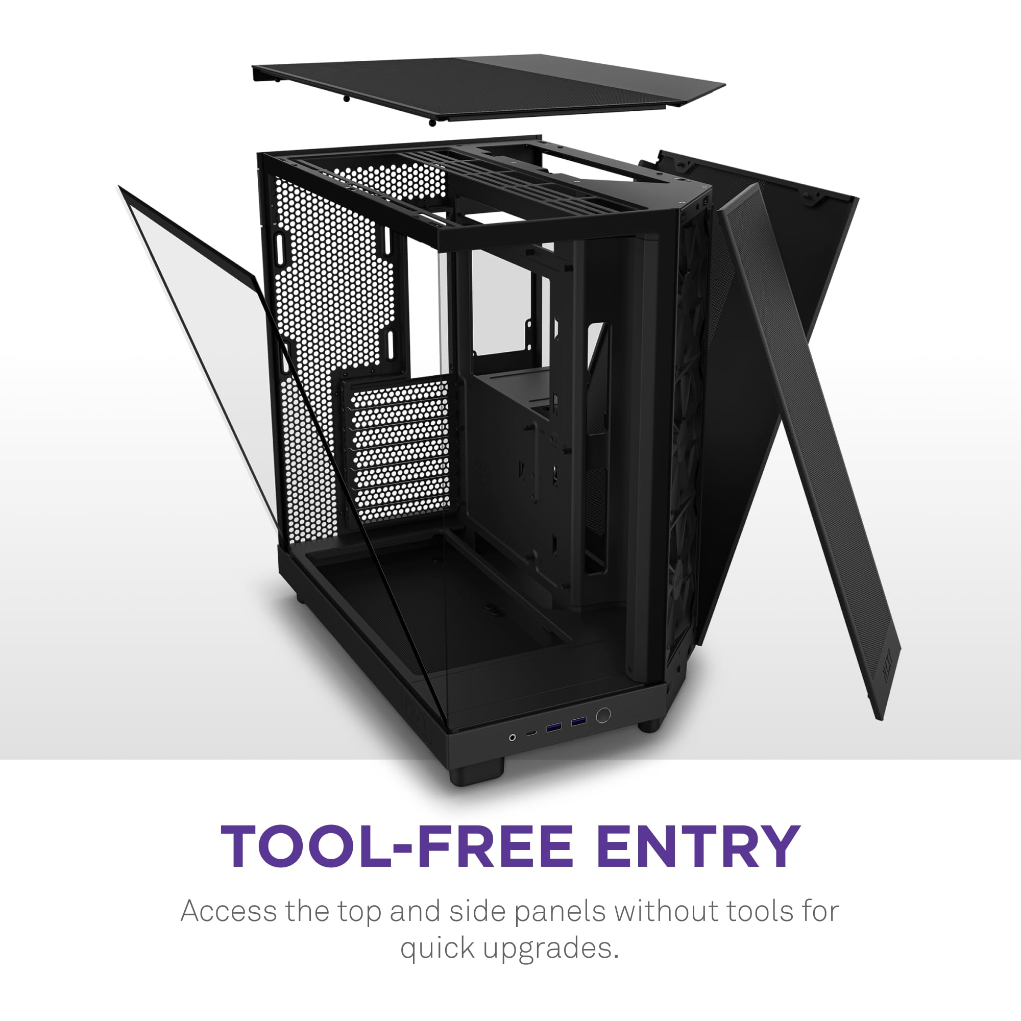 Boîtier de PC noir avec panneaux supérieur et latéraux amovibles pour un accès sans outil.