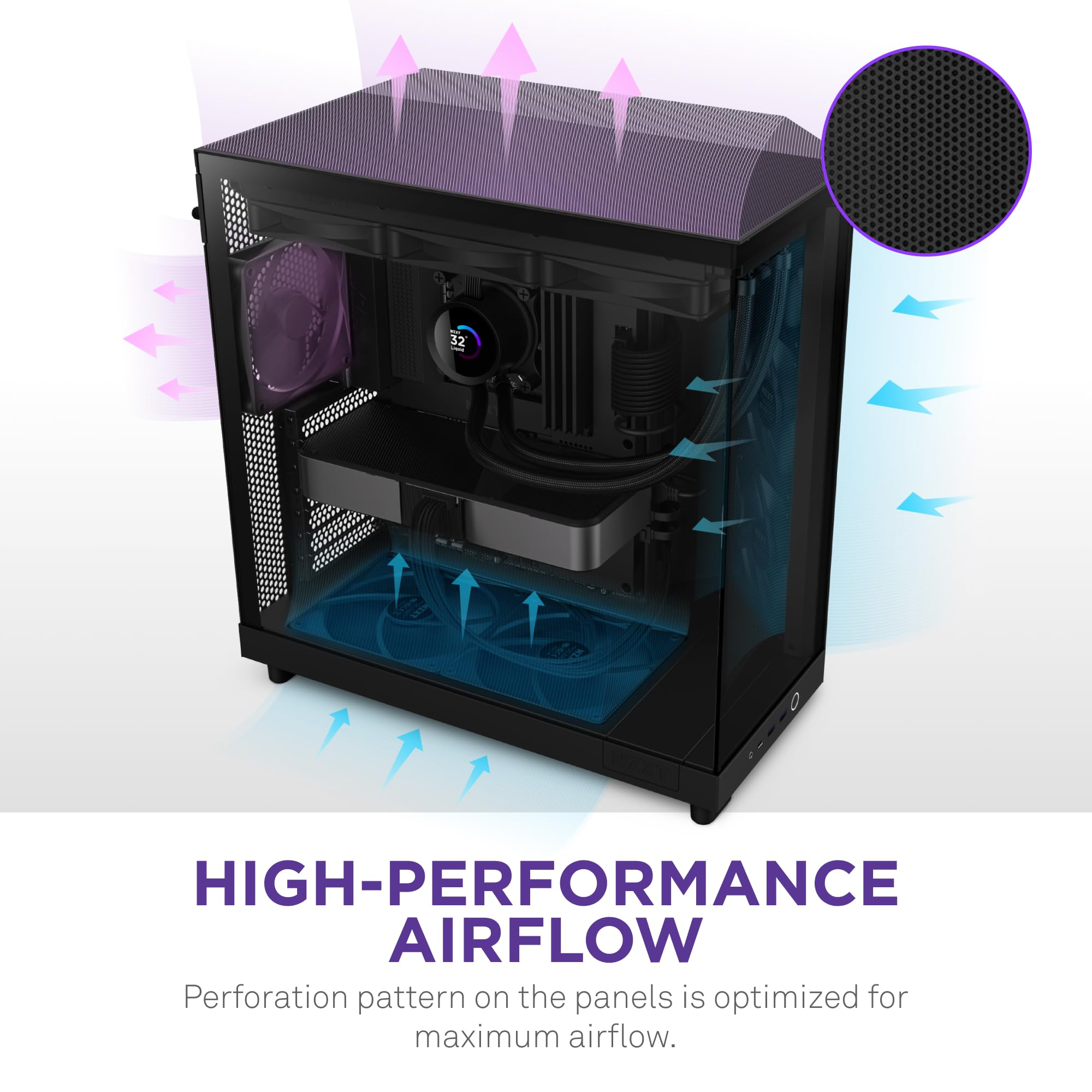 Boîtier de PC doté d'un motif perforé optimisé pour un flux d'air maximal.