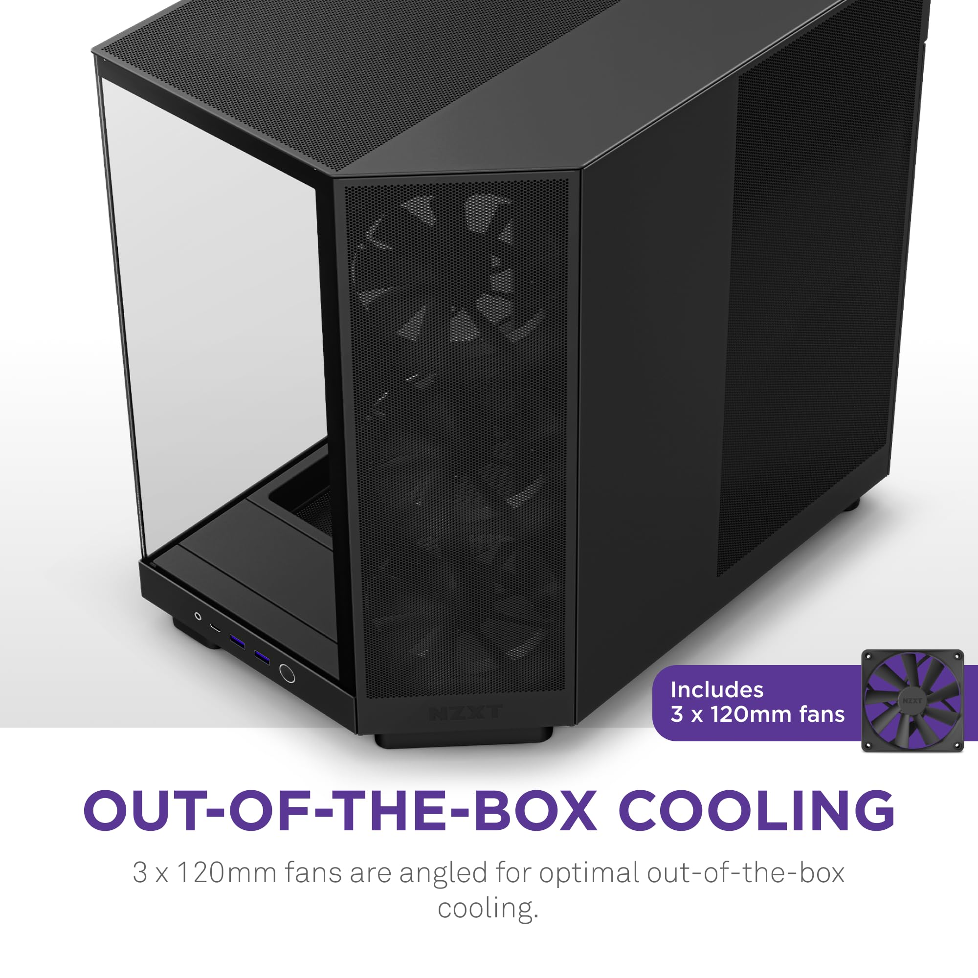 Boîtier PC noir avec ventilateurs intégrés et le texte OUT-OF-THE-BOX COOLING.