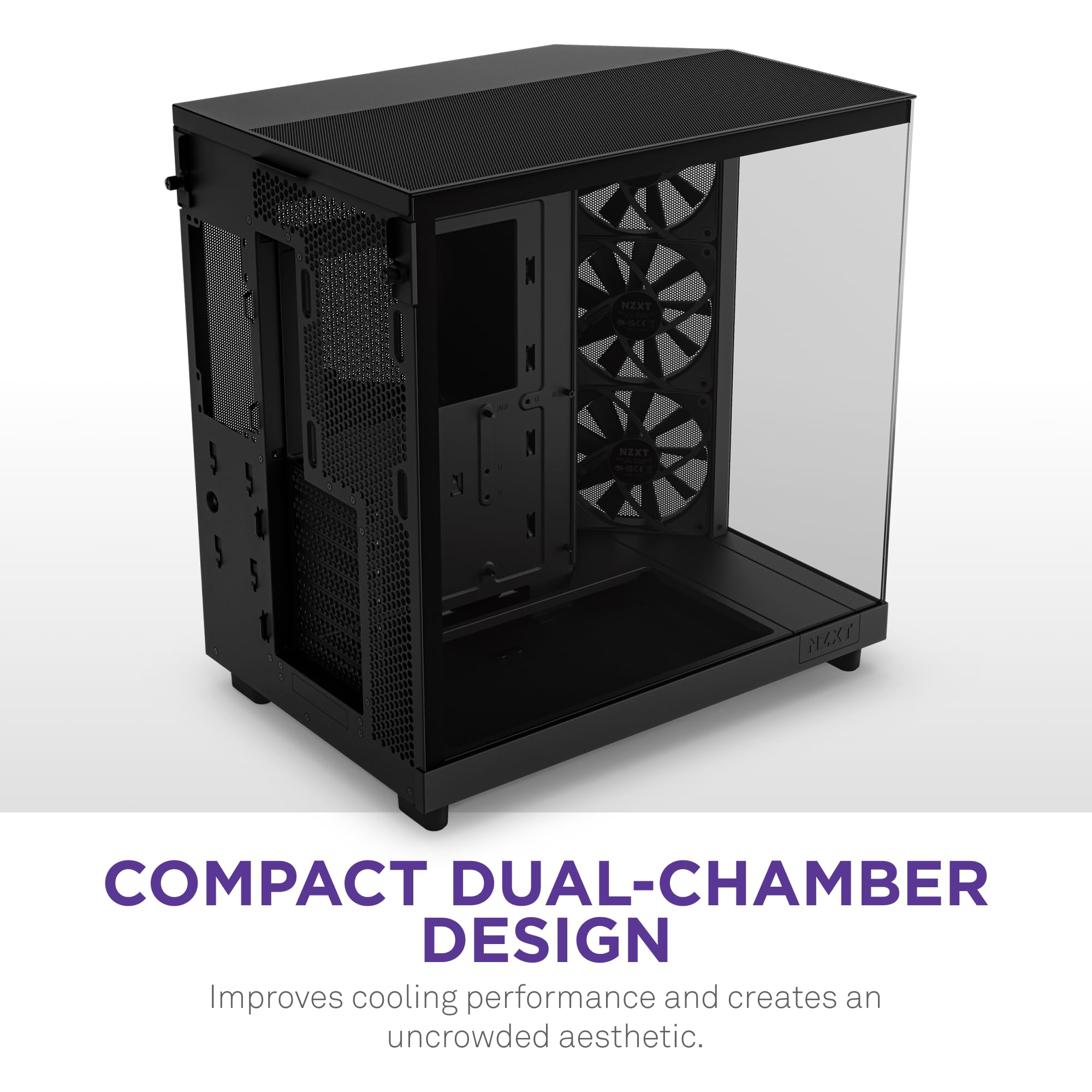 Un boîtier de PC noir avec façade et côté en verre, ventilateurs internes et texte indiquant une conception à double chambre.