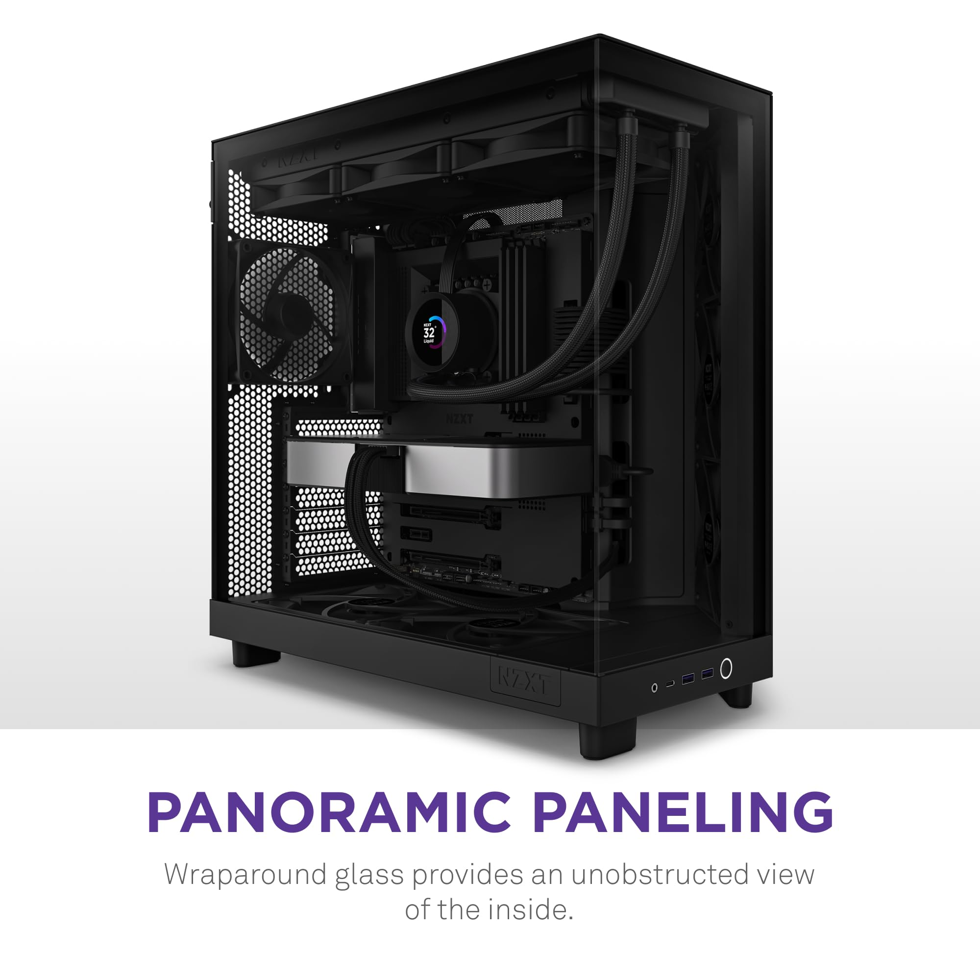 Une tour de PC noire avec façade en verre offre une vue dégagée sur les composants internes et le refroidissement liquide.
