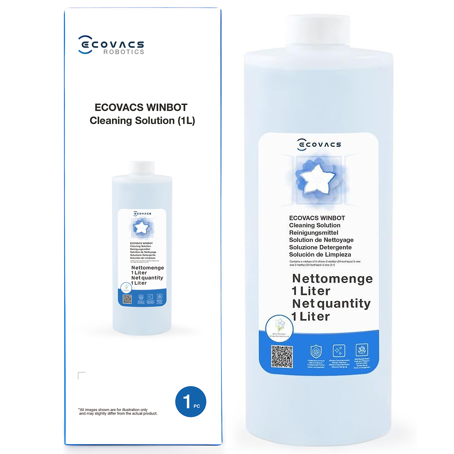 Eine 1-Liter-Flasche Ecovacs Winbot Reinigungslösung neben ihrer weissen Verpackung auf weissem Hintergrund.