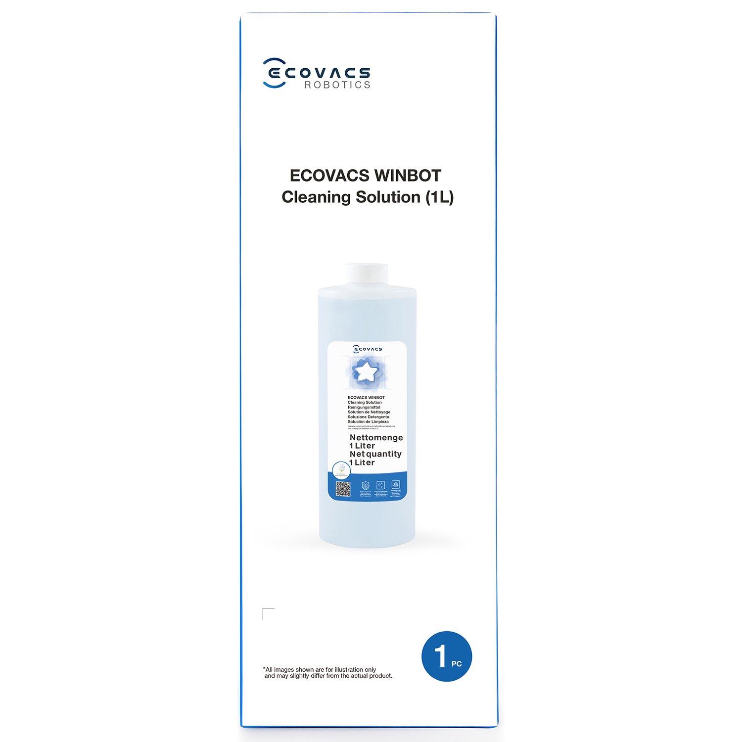 Eine Ecovacs Winbot 1L Reinigungslösung in weiß-blauer Verpackung mit Flasche.