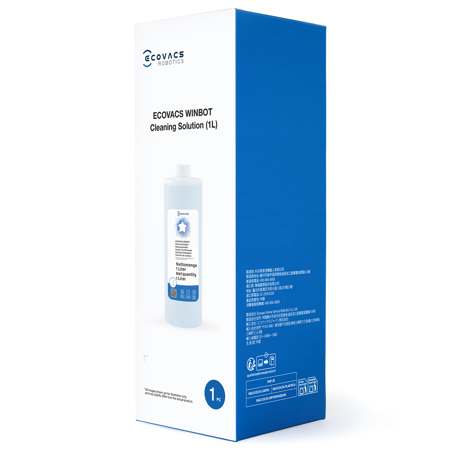 Blaue und weiße Verpackung für Ecovacs Winbot Reinigungslösung (1L) mit Flasche auf der Vorderseite.